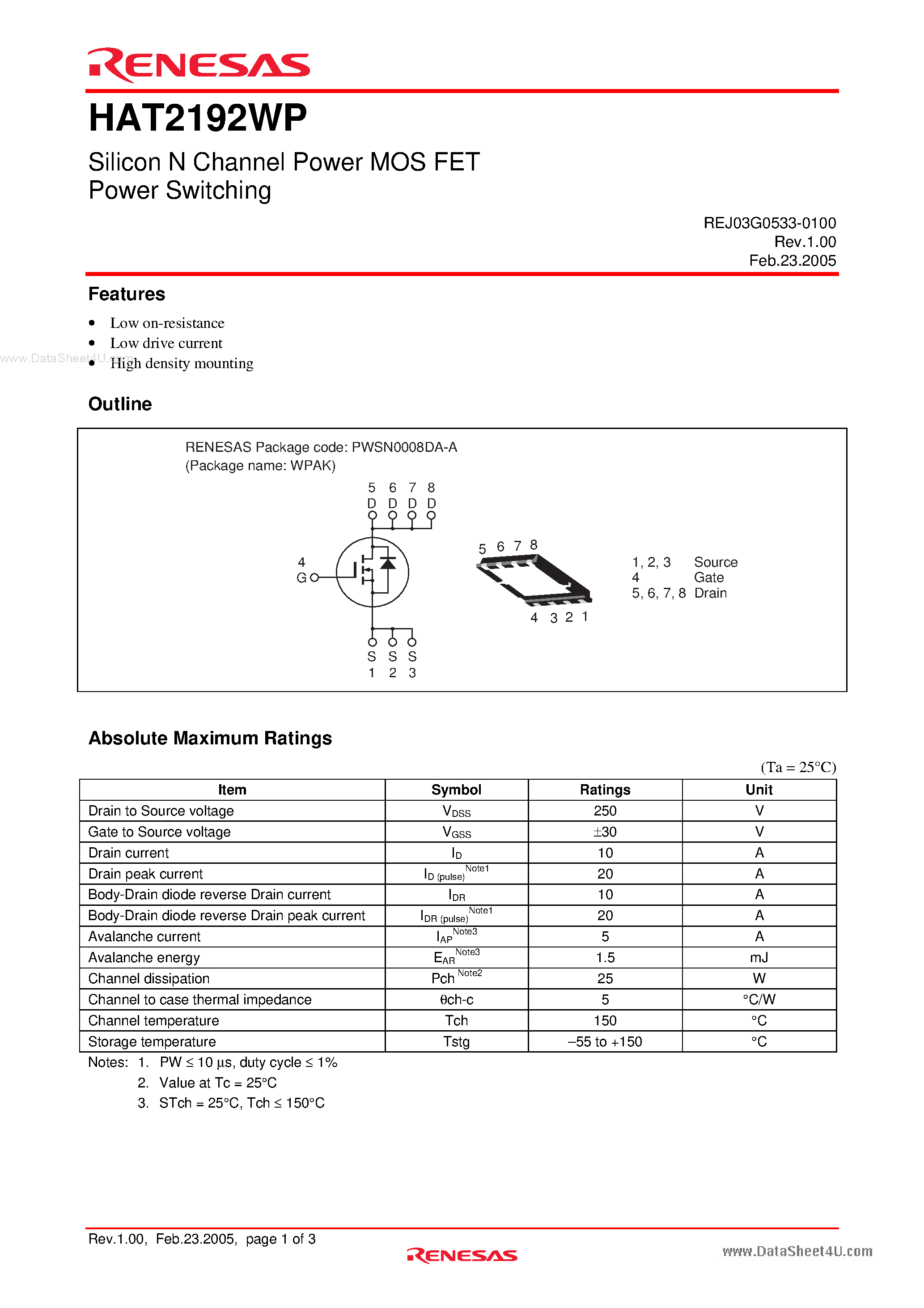 Datasheet HAT2192WP - Silicon N Channel Power MOS FET Power Switching page 1