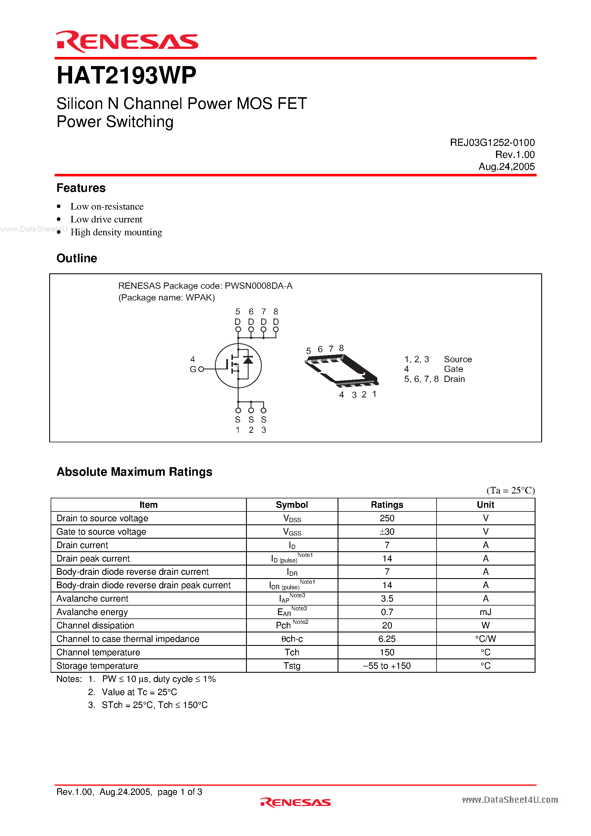 Datasheet HAT2193WP page 1 Datasheet HAT2193WP - Silicon N Channel Power MOS FET Power Switching page 1