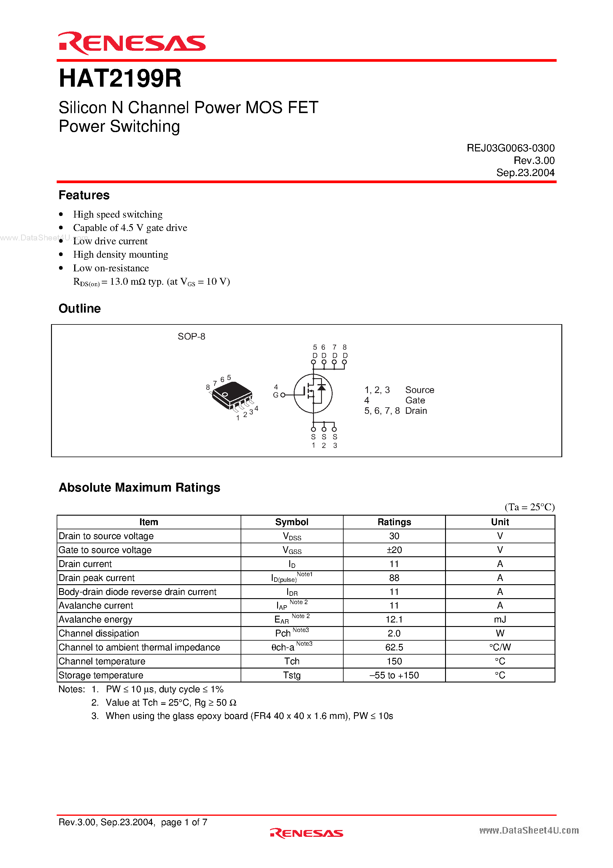 Datasheet HAT2199R page 1 Datasheet HAT2199R - Silicon N Channel Power MOS FET Power Switching page 1
