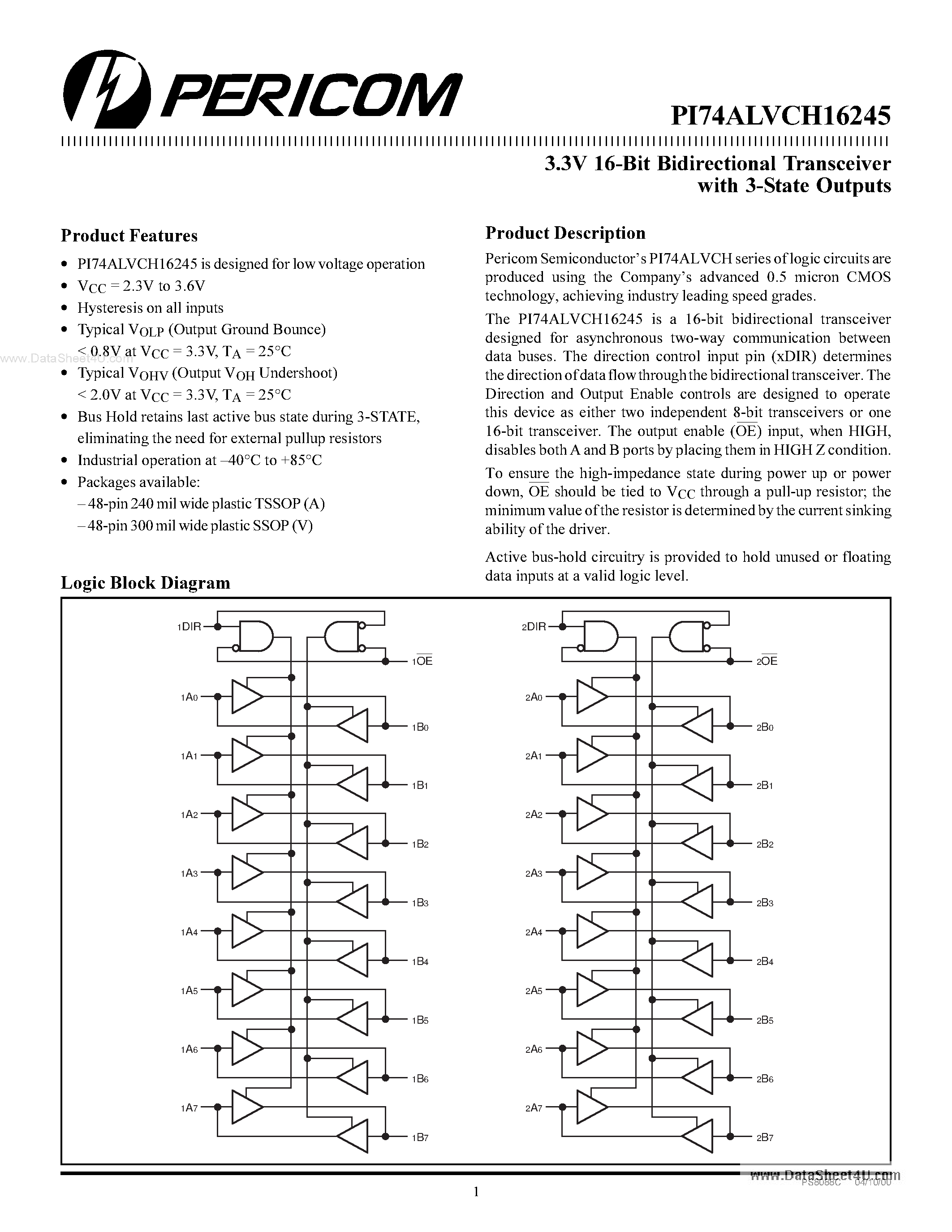 Datasheet PI74ALVCH16245 - 3.3V 16-Bit Bidirectional Transceiver page 1