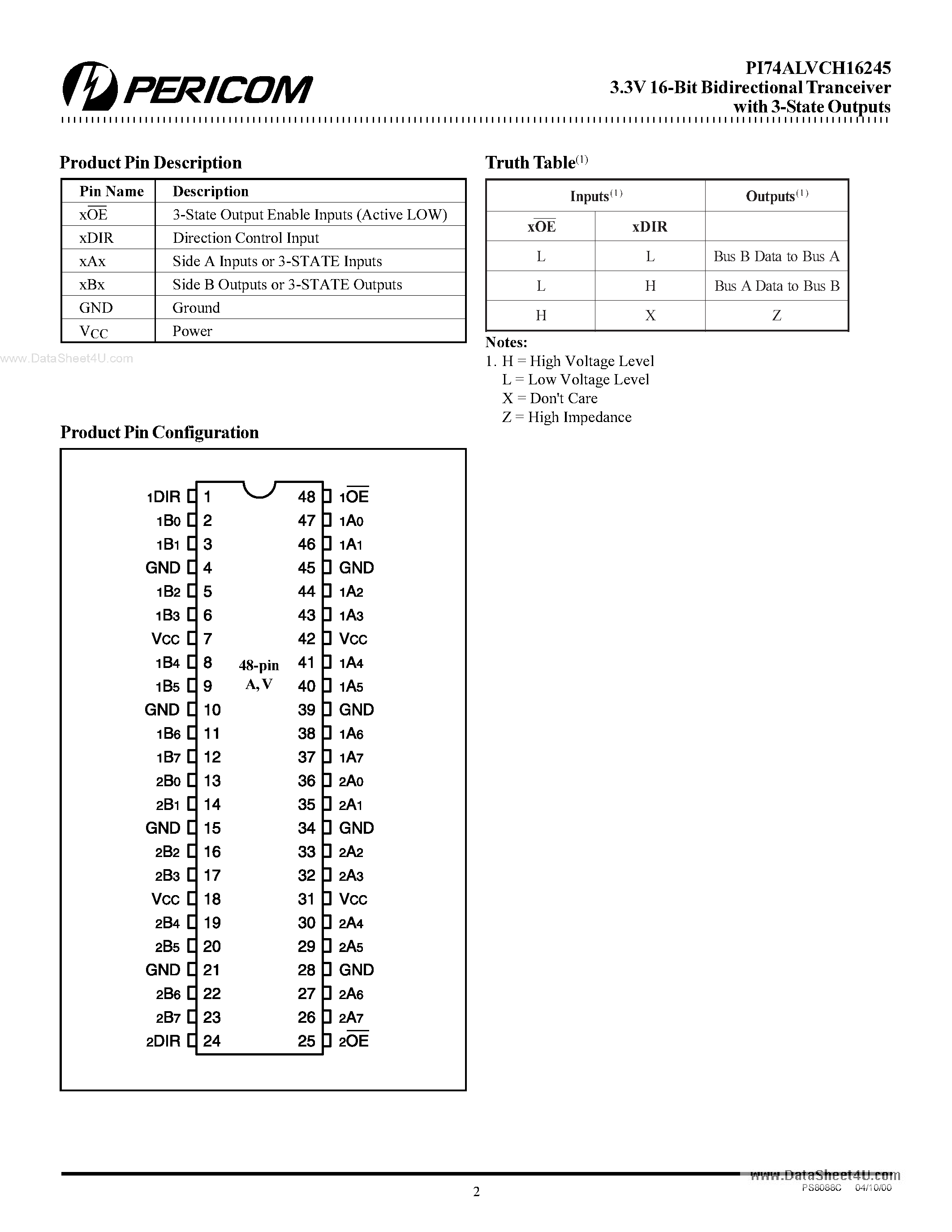 Datasheet PI74ALVCH16245 - 3.3V 16-Bit Bidirectional Transceiver page 2