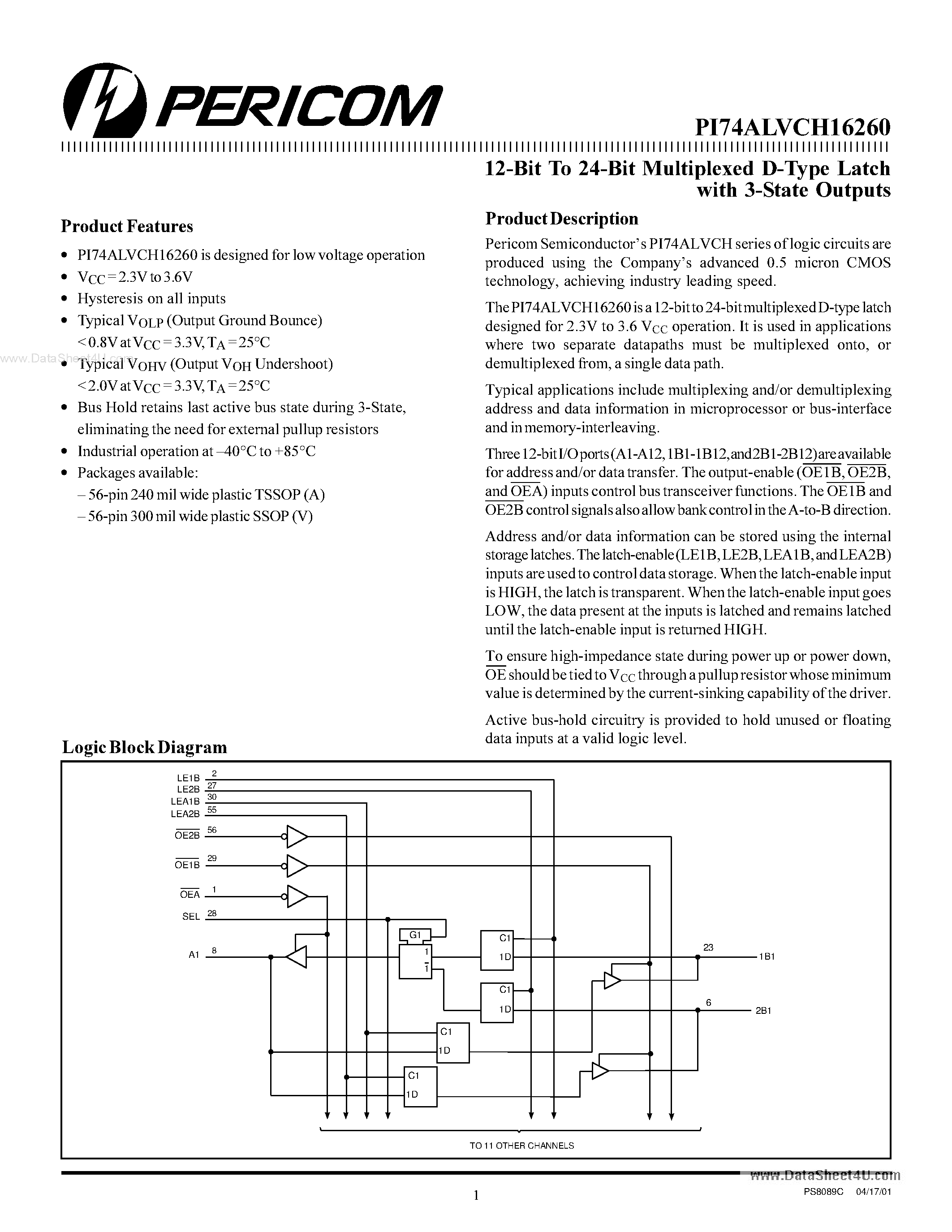 Даташит PI74ALVCH16260 - 12-Bit To 24-Bit Multiplexed D-Type Latch страница 1