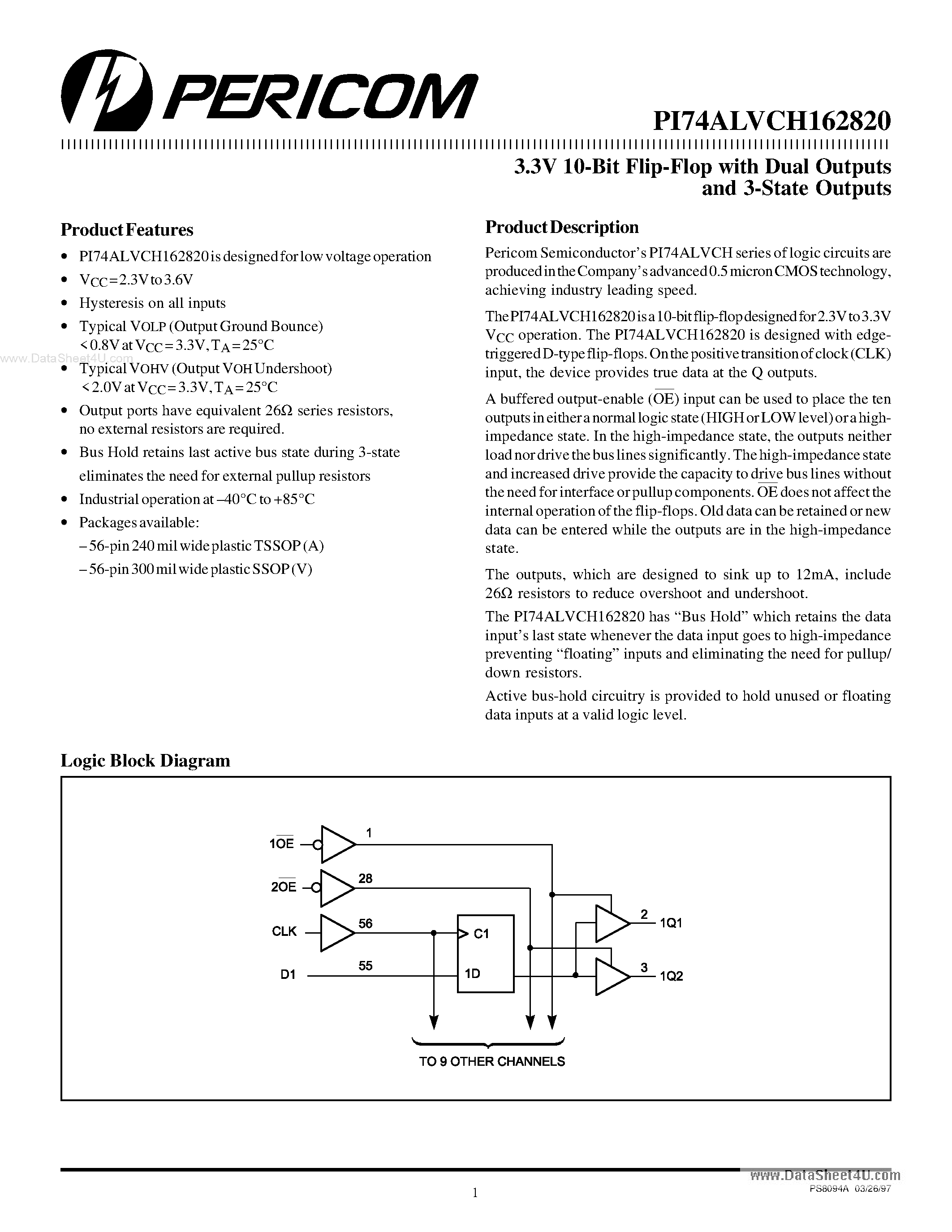 Datasheet PI74ALVCH162820 - 3.3V 10-Bit Flip-Flop page 1