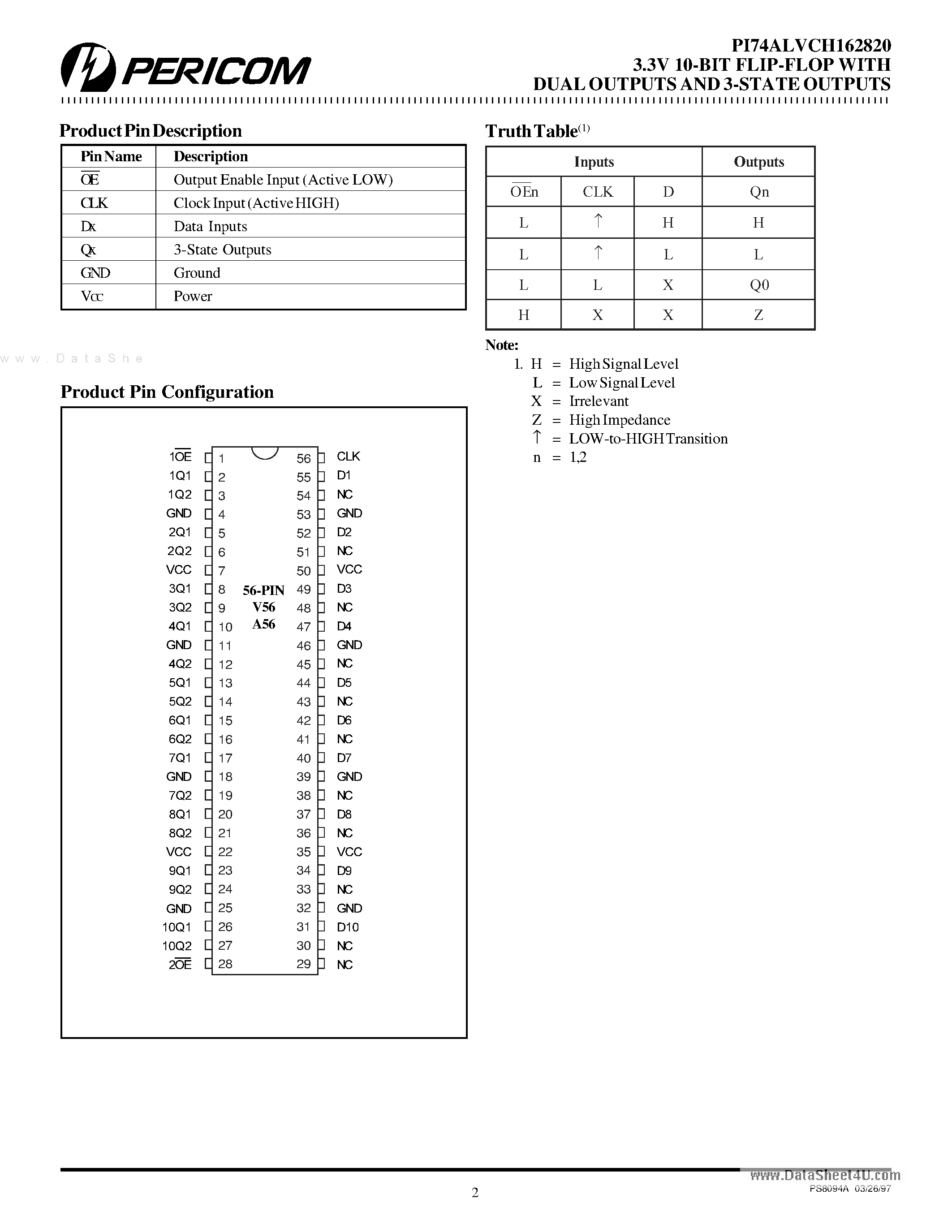 Datasheet PI74ALVCH162820 - 3.3V 10-Bit Flip-Flop page 2