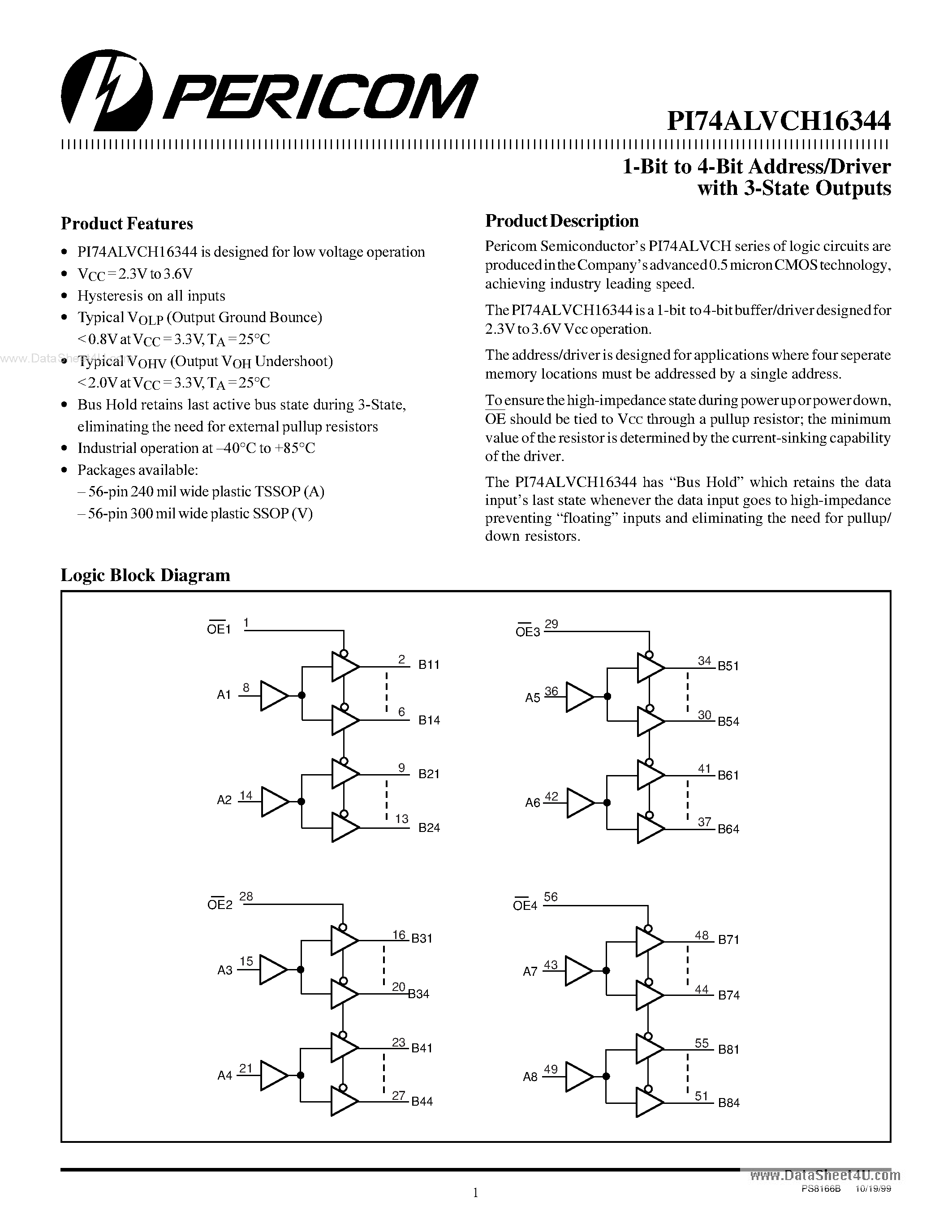 Datasheet PI74ALVCH16344 - 1-Bit to 4-Bit Address/Driver page 1