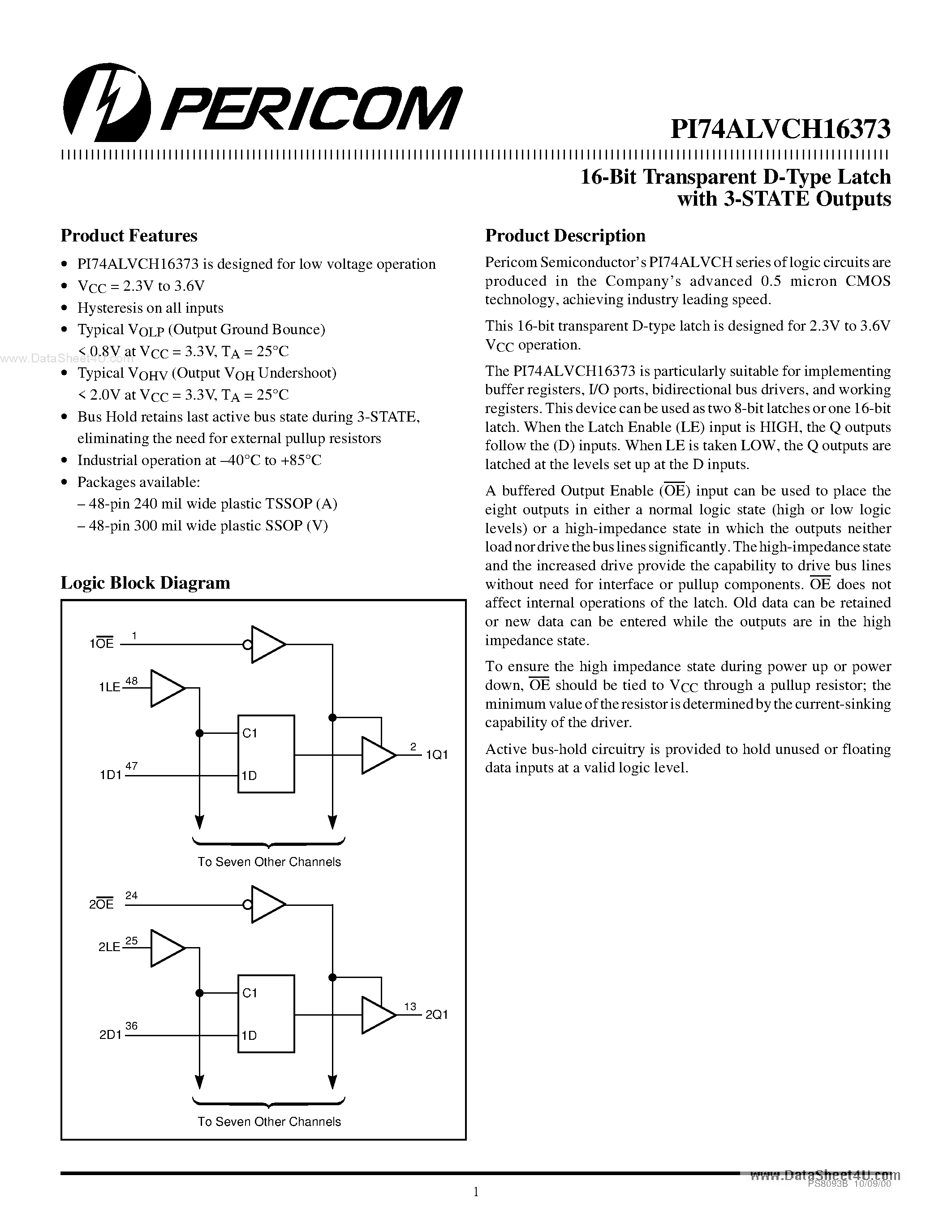 Даташит на микросхему PI74ALVCH16373 страница 1 Даташит PI74ALVCH16373 - 16-Bit Transparent D-Type Latch страница 1