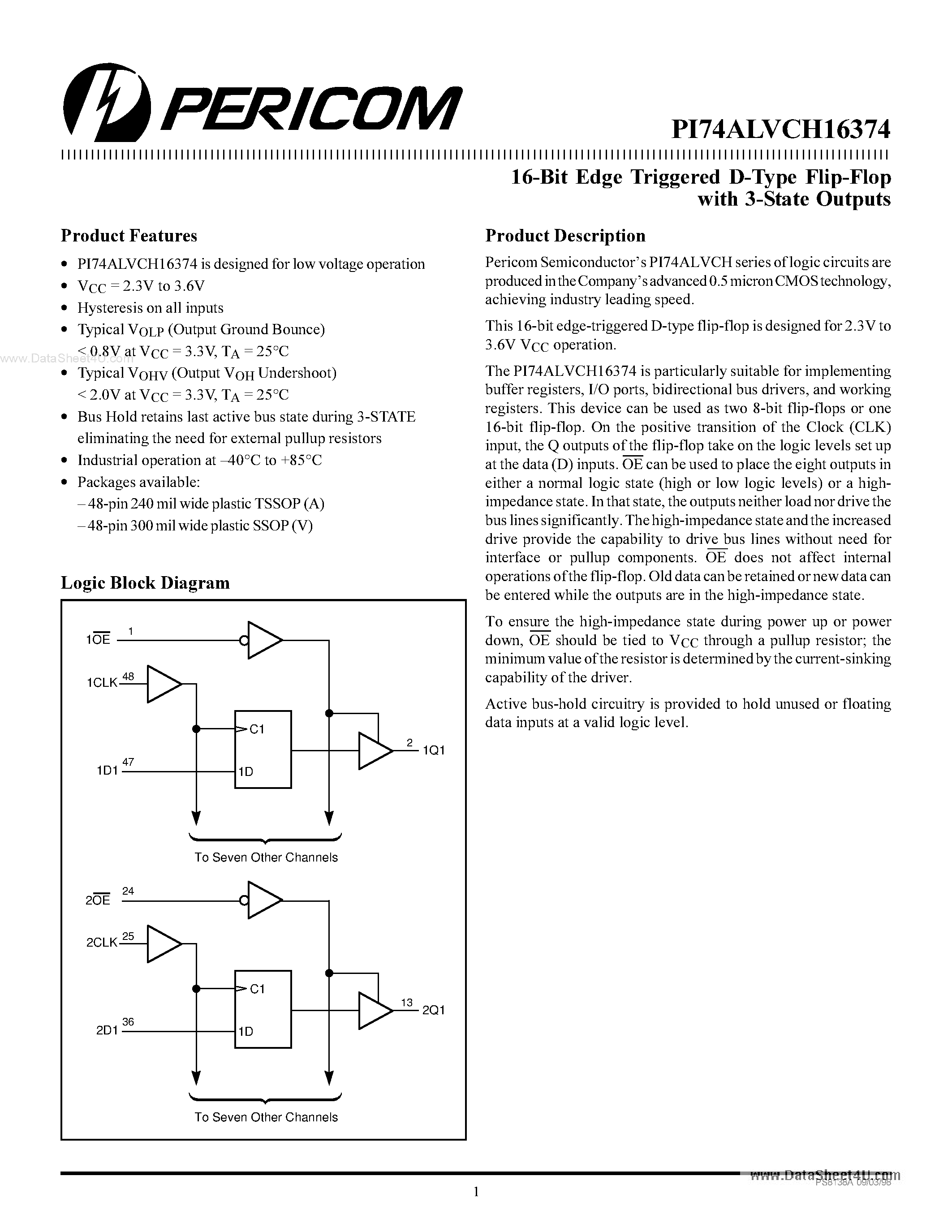 Даташит PI74ALVCH16374 - 16-Bit Edge Triggered D-Type Flip-Flop страница 1