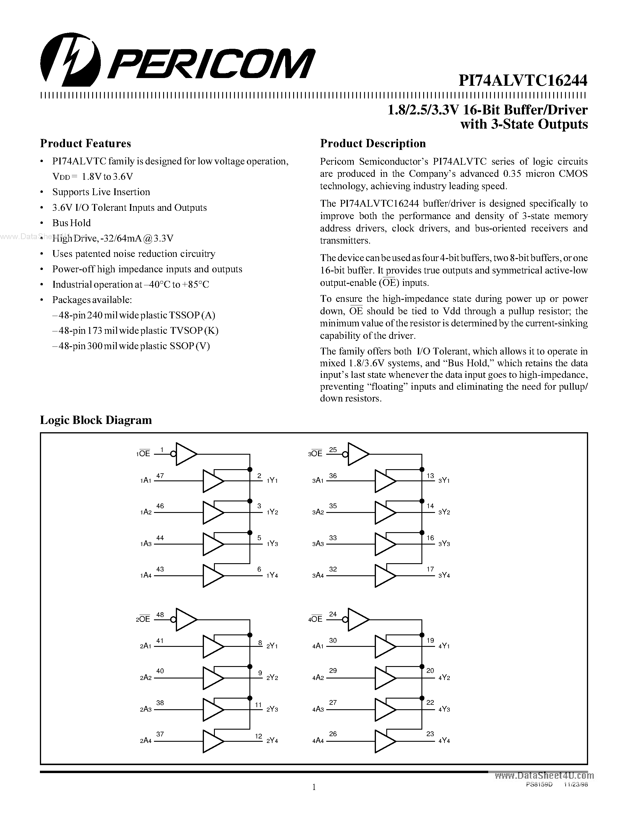 Datasheet PI74ALVTC16244 - 1.8/2.5/3.3V 16-Bit Buffer/Driver page 1