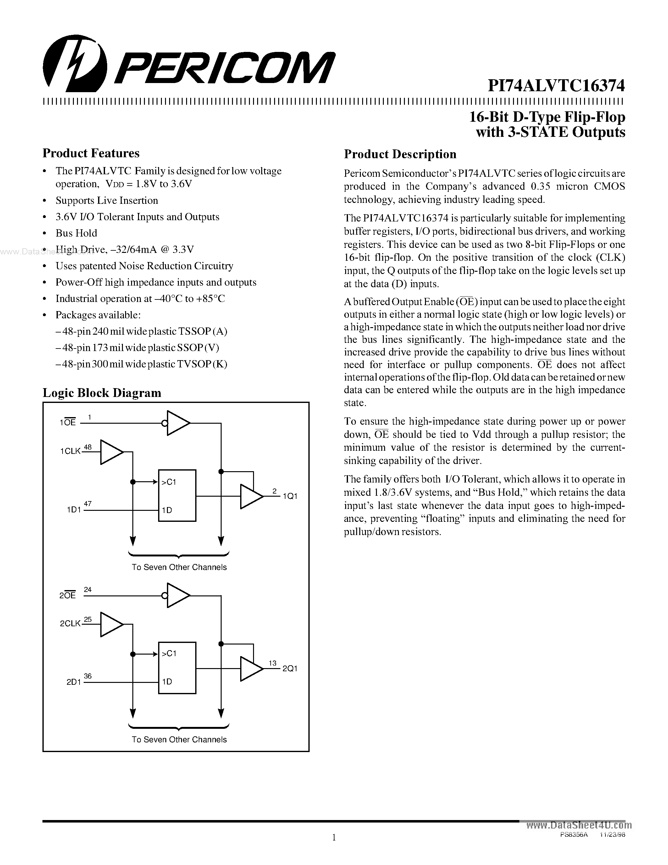 Даташит PI74ALVTC16374 - 16-Bit D-Type Flip-Flop страница 1