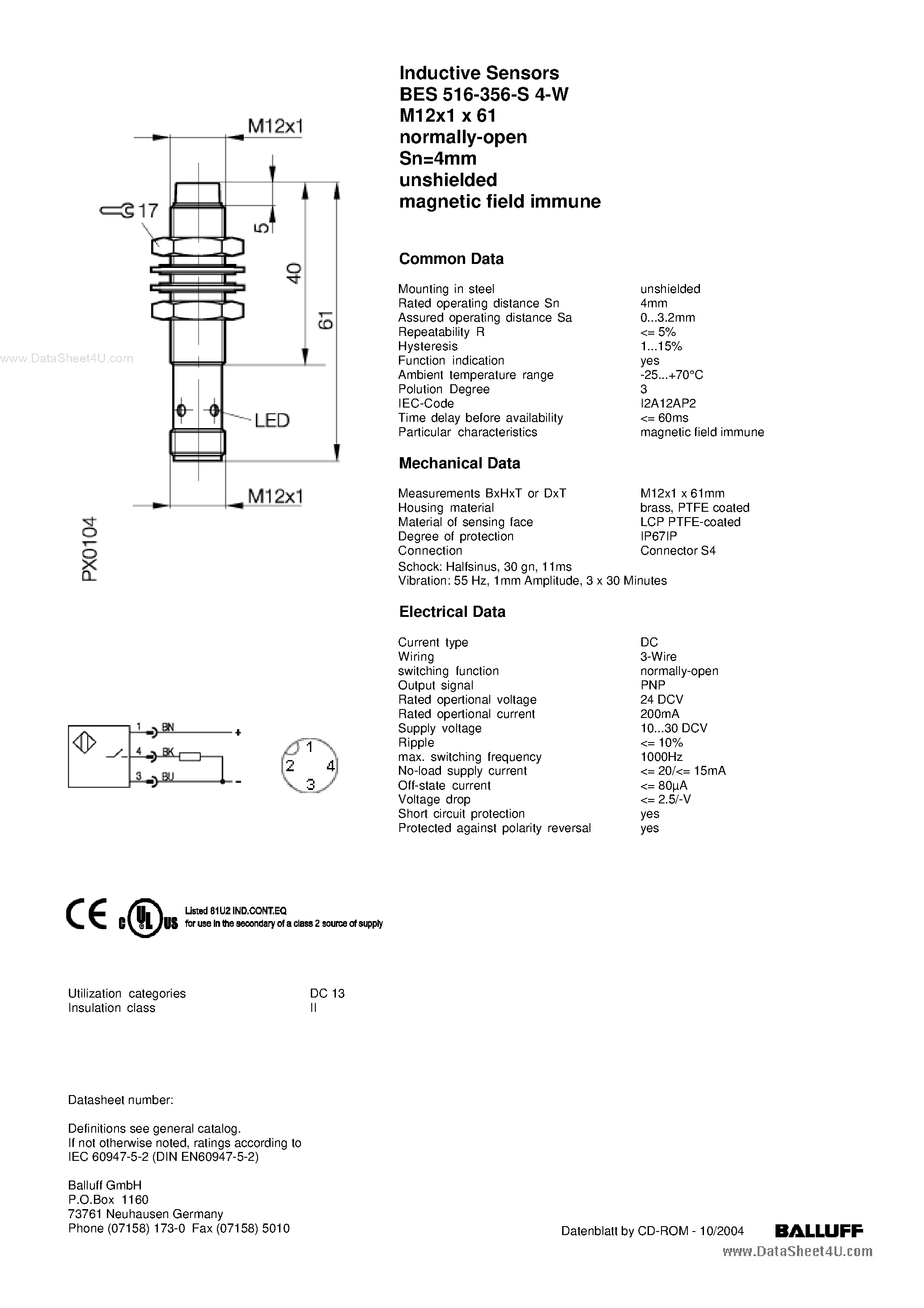 Datasheet BES-516-356-S4-W page 1 Datasheet BES-516-356-S4-W - Inductive Sensors page 1