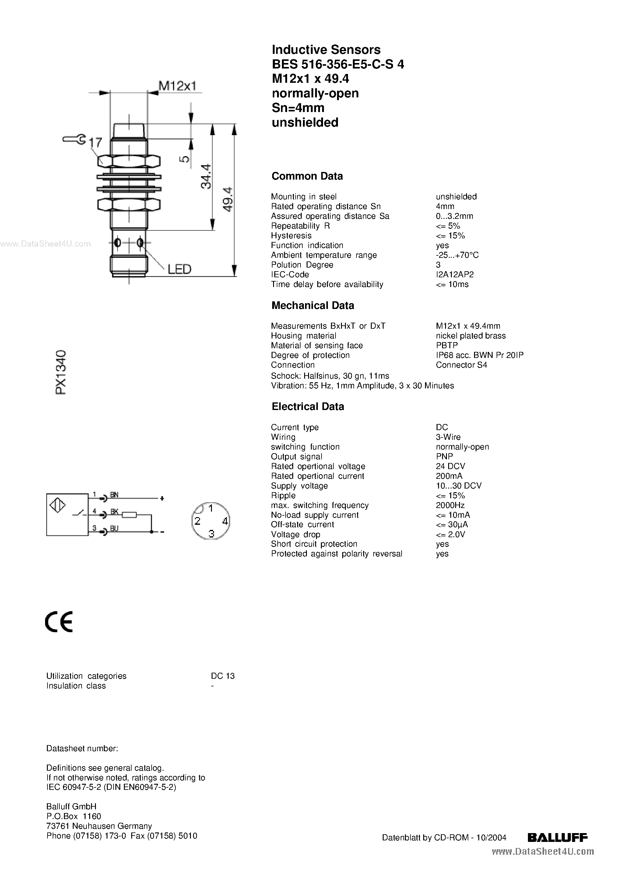 Даташит BES-516-356-E5-C-S4 - Inductive Sensors страница 1