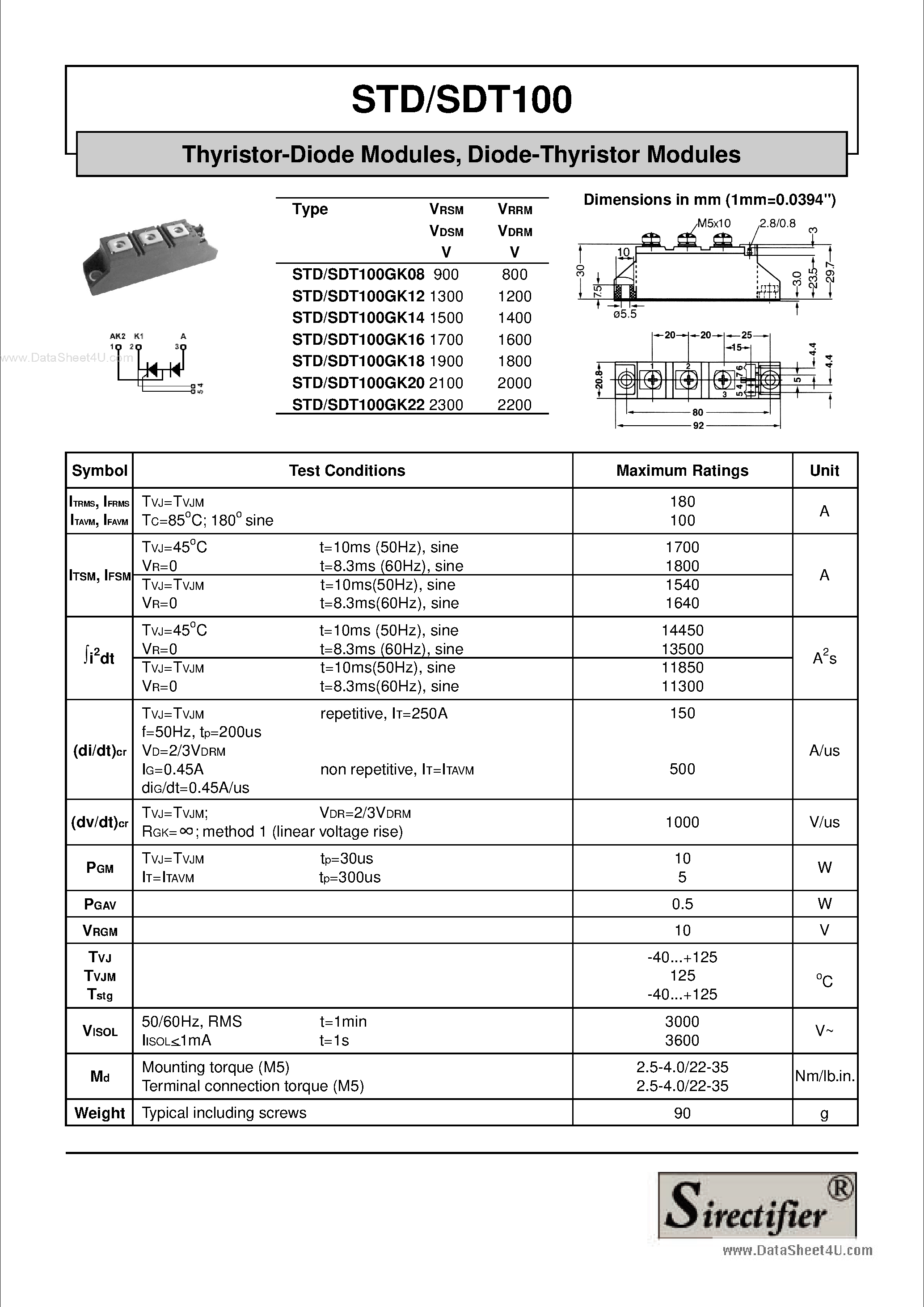 Datasheet STD100 page 1 Datasheet STD100 - Thyristor-Diode Modules page 1