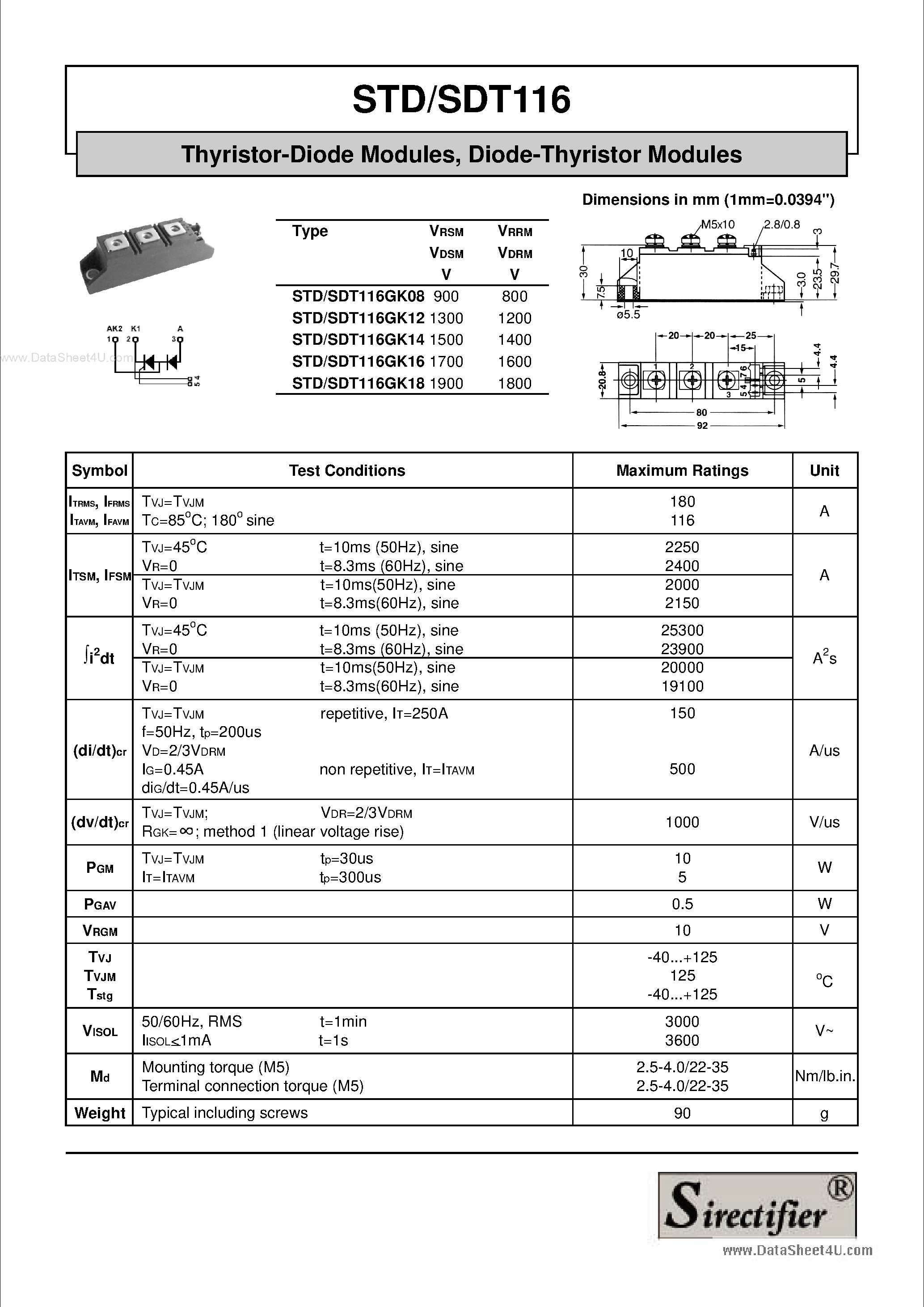 Datasheet STD116 - Thyristor-Diode Modules page 1