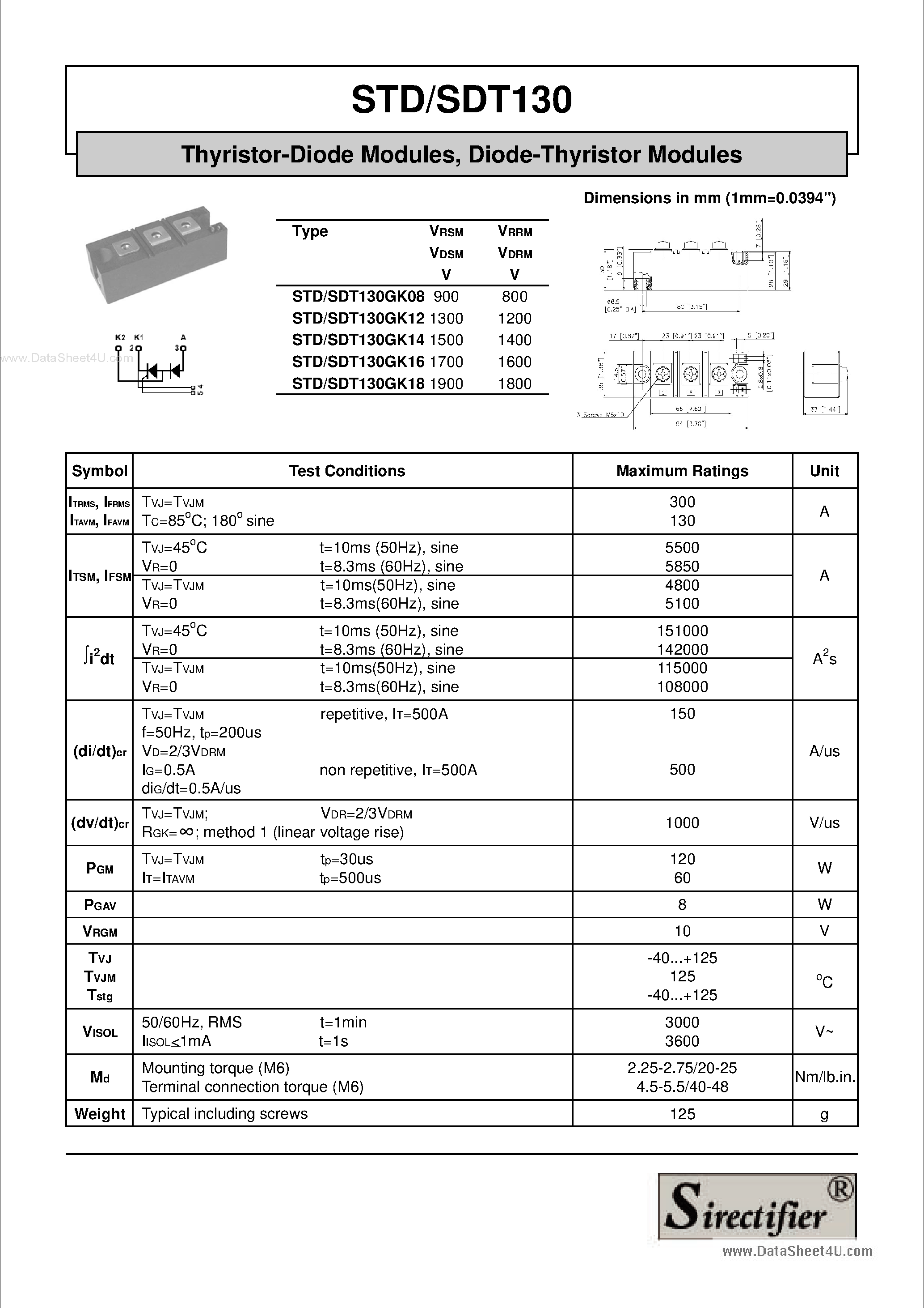 Даташит STD130 - Thyristor-Diode Modules страница 1
