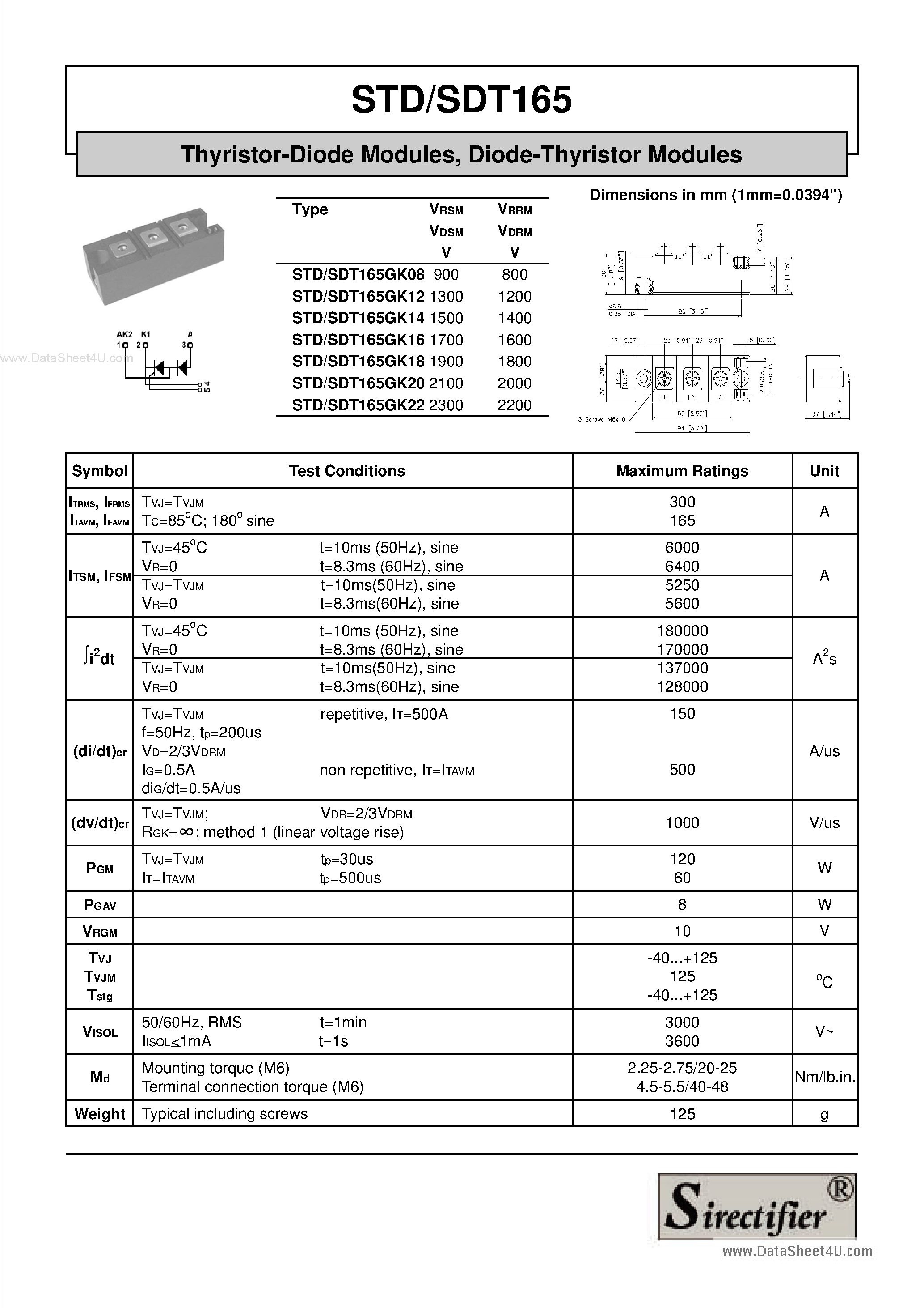 Datasheet STD165 - Thyristor-Diode Modules page 1