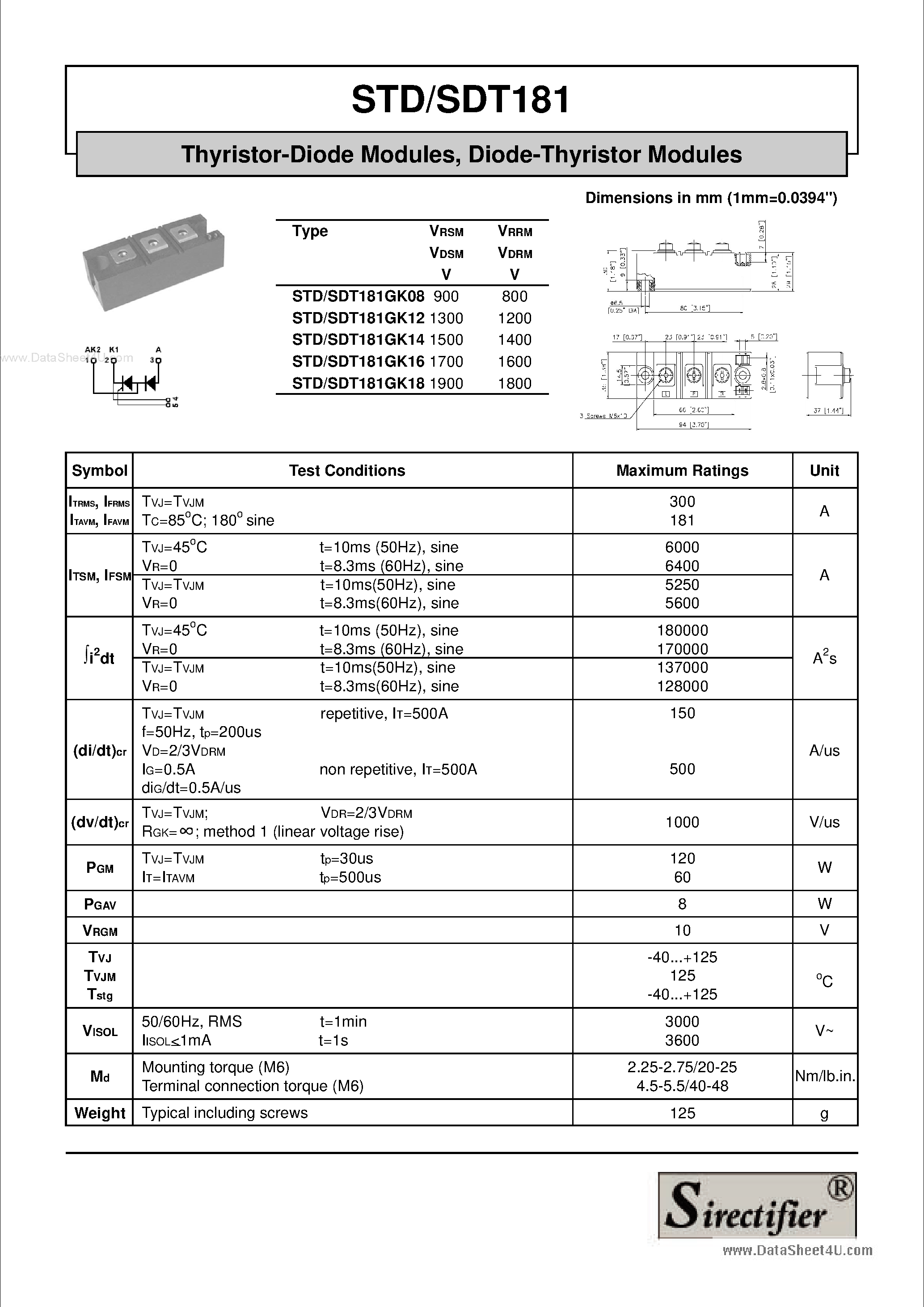 Даташит STD181 - Thyristor-Diode Modules страница 1