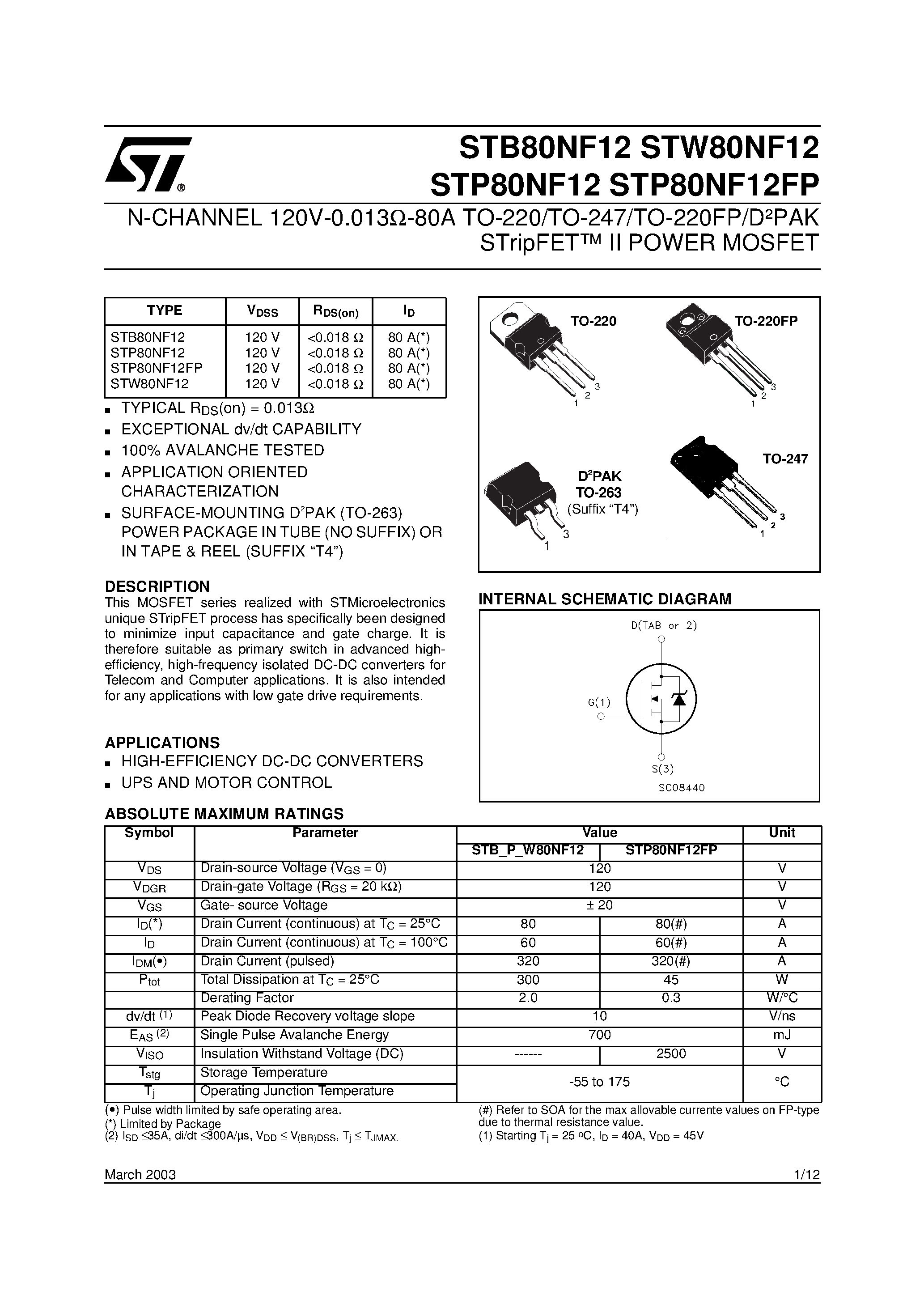 Datasheet STP80NF12 page 1 Datasheet STP80NF12 - N - CHANNEL POWER MOSFET page 1