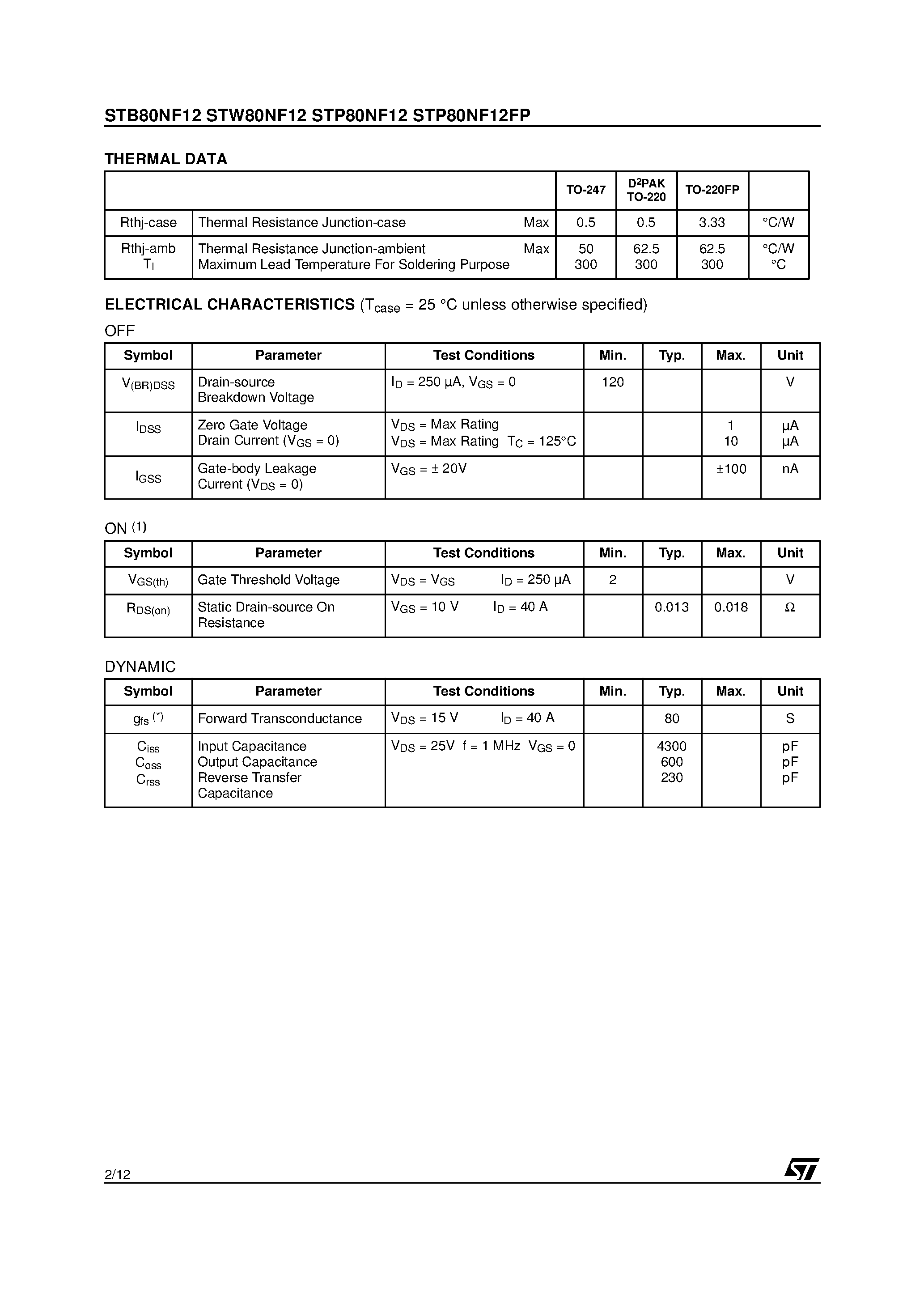 Datasheet STP80NF12 page 2 Datasheet STP80NF12 - N - CHANNEL POWER MOSFET page 2