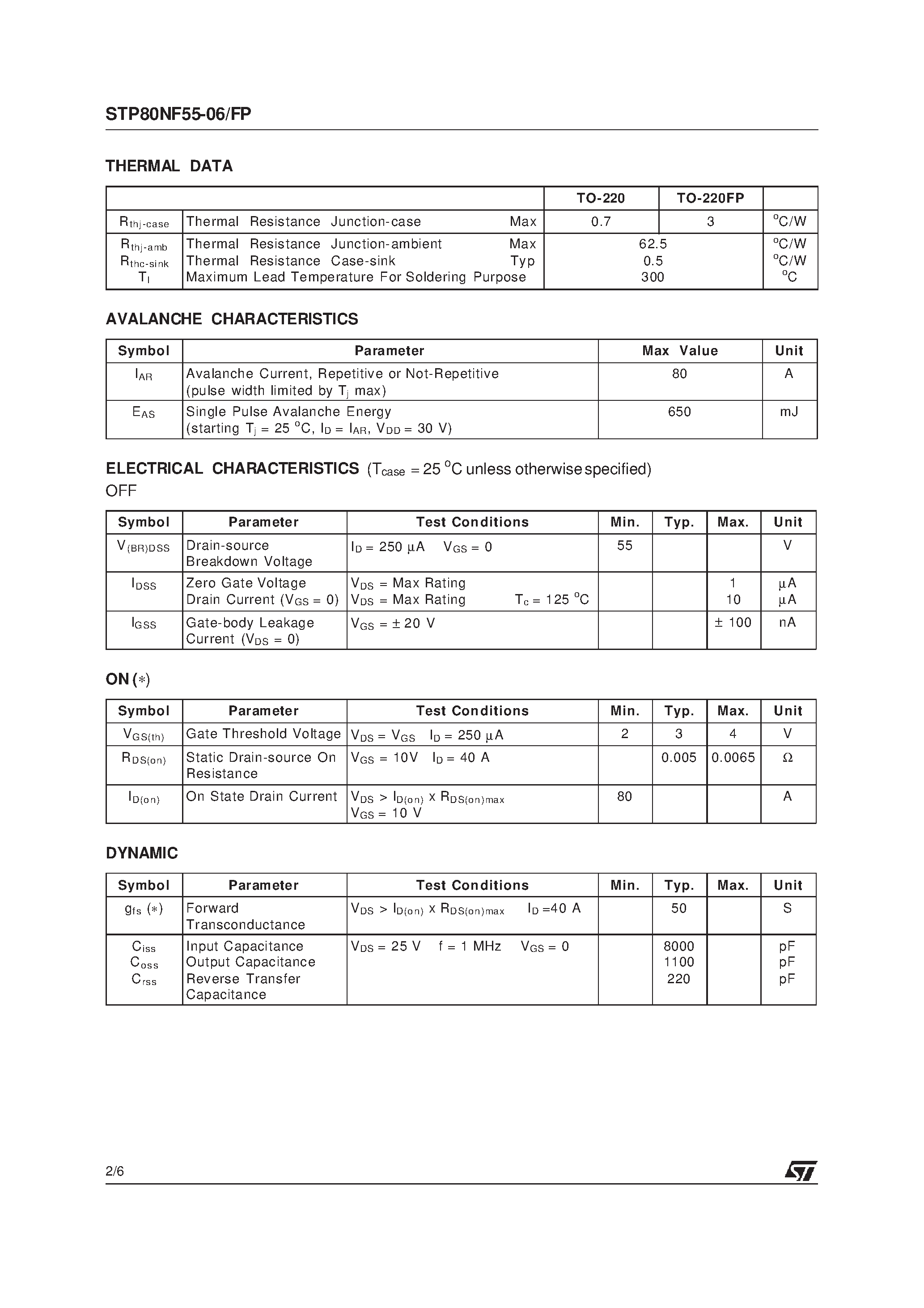 Datasheet STP80NF55-06 - N - CHANNEL POWER MOSFET page 2