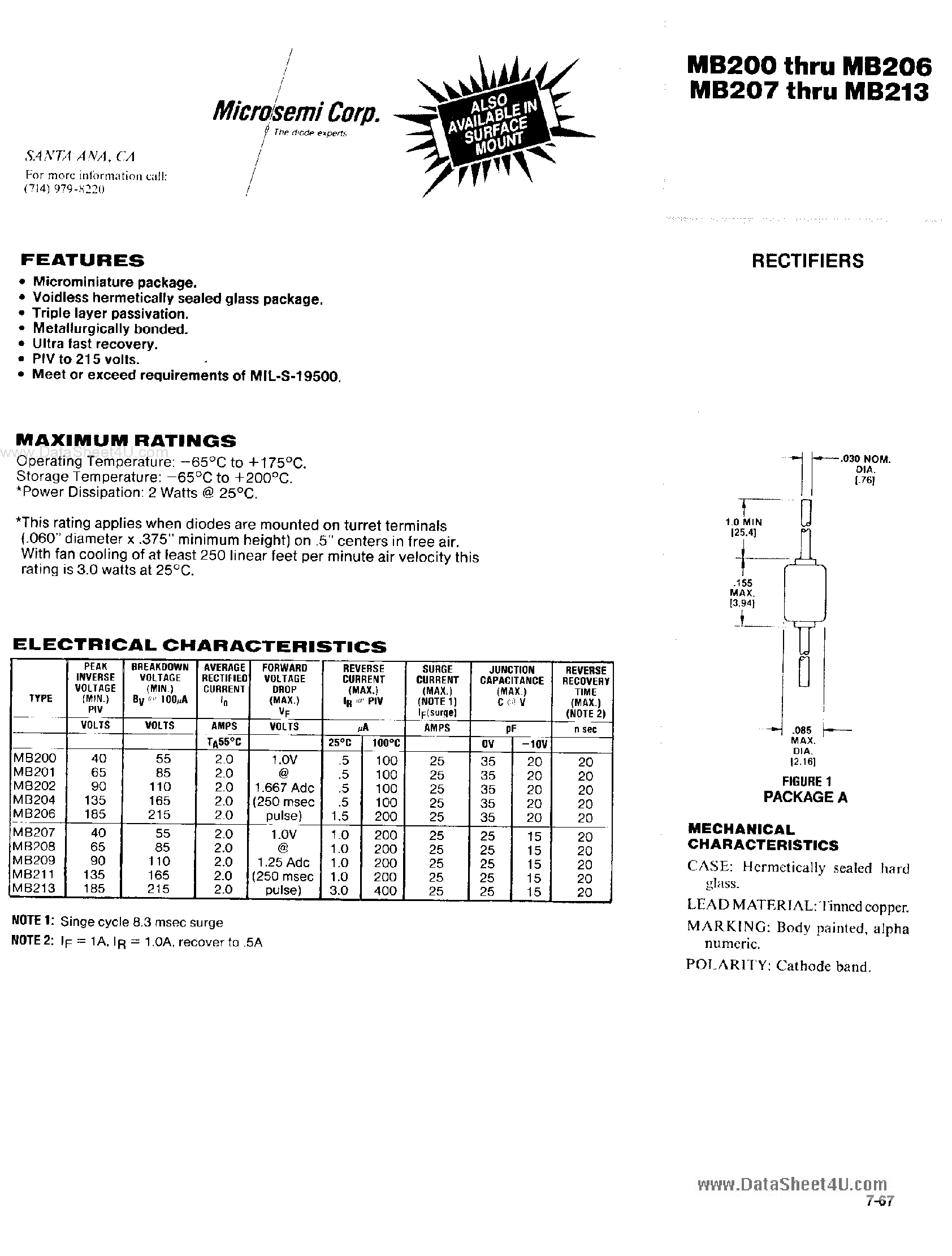 Datasheet MB200 page 1 Datasheet MB200 - (MB200 - MB213) RECTIFIERS page 1