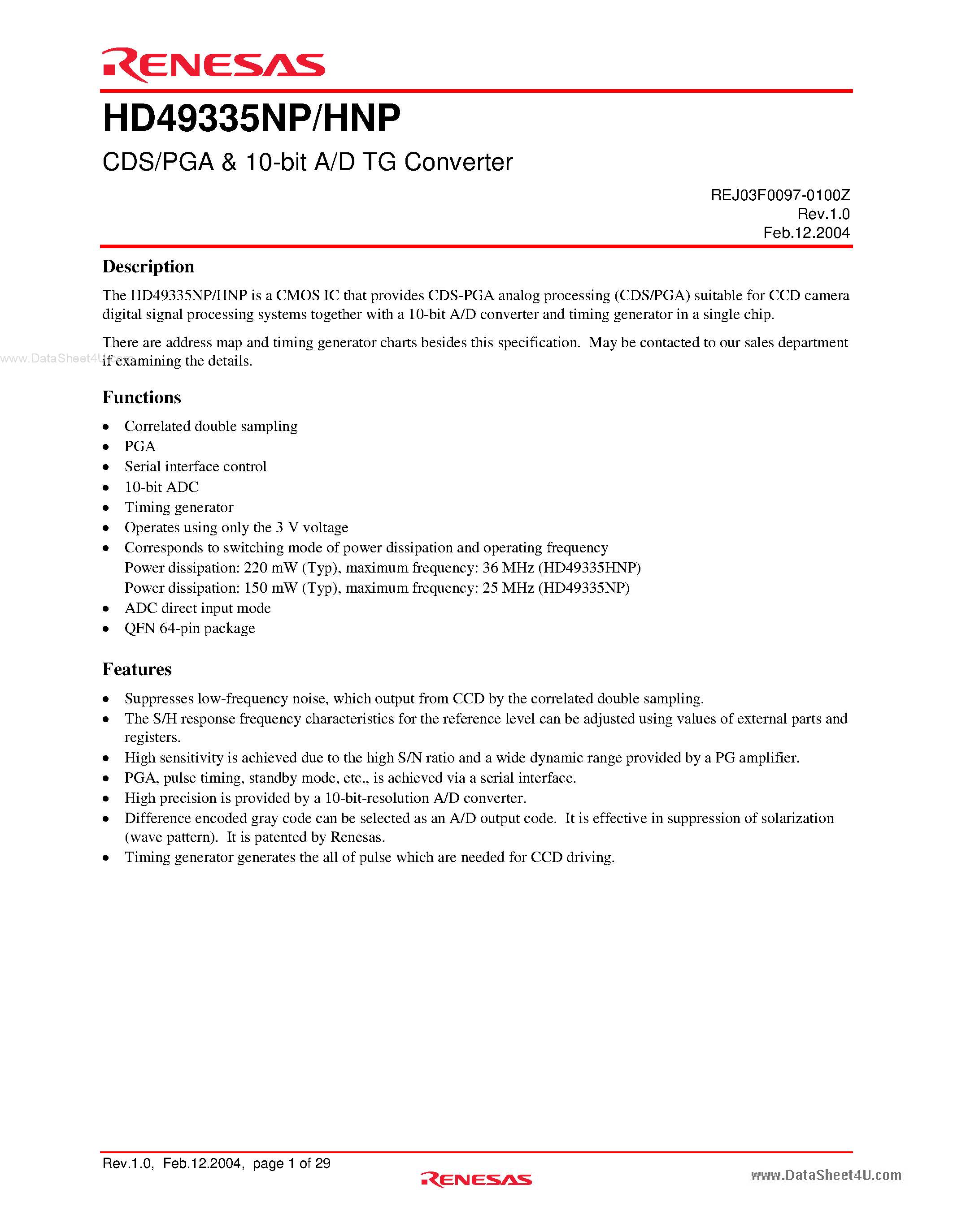 Datasheet HD49335HNP - CDS/PGA & 10-bit A/D TG Converter page 1