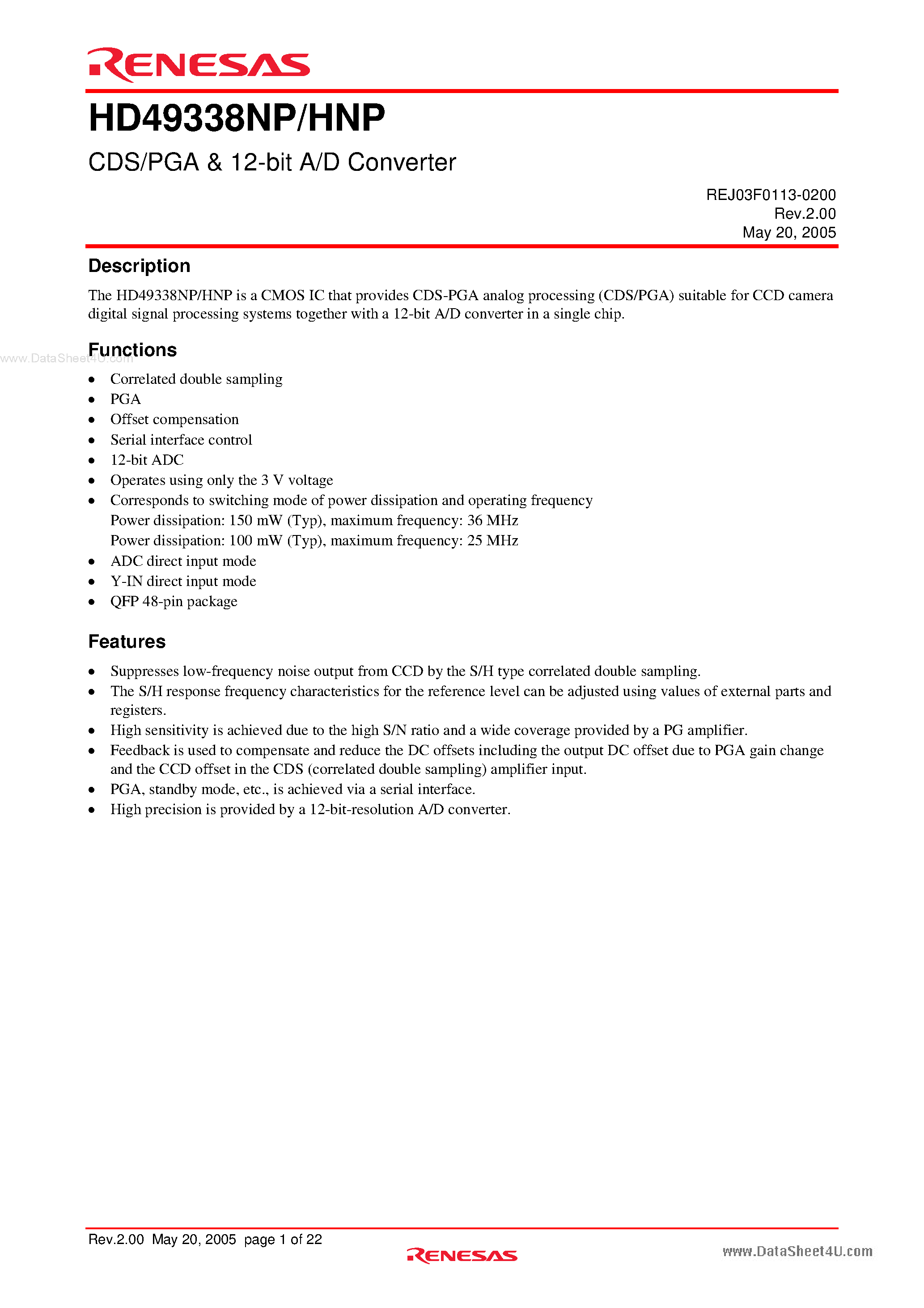 Datasheet HD49338HNP page 1 Datasheet HD49338HNP - CDS/PGA & 12-bit A/D Converter page 1