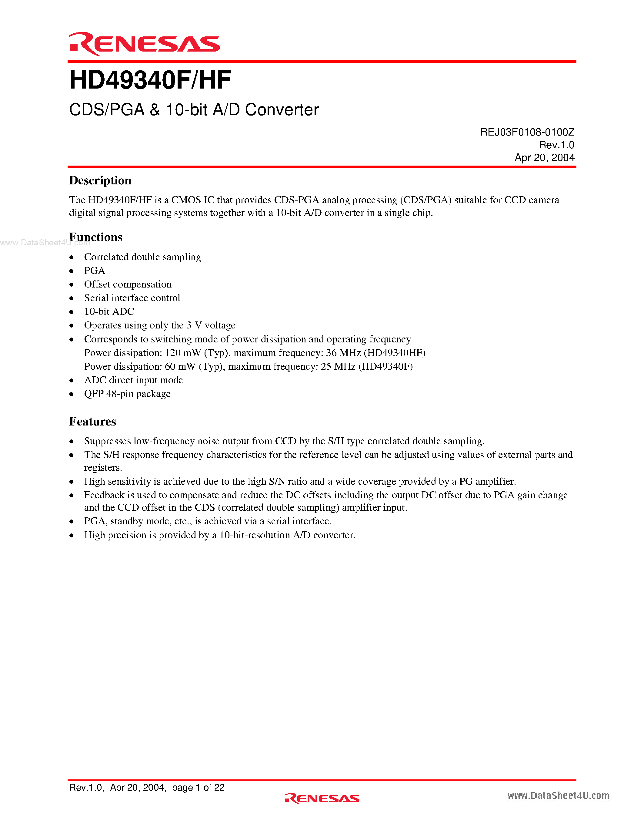 Datasheet HD49340F - CDS/PGA & 10-bit A/D Converter page 1