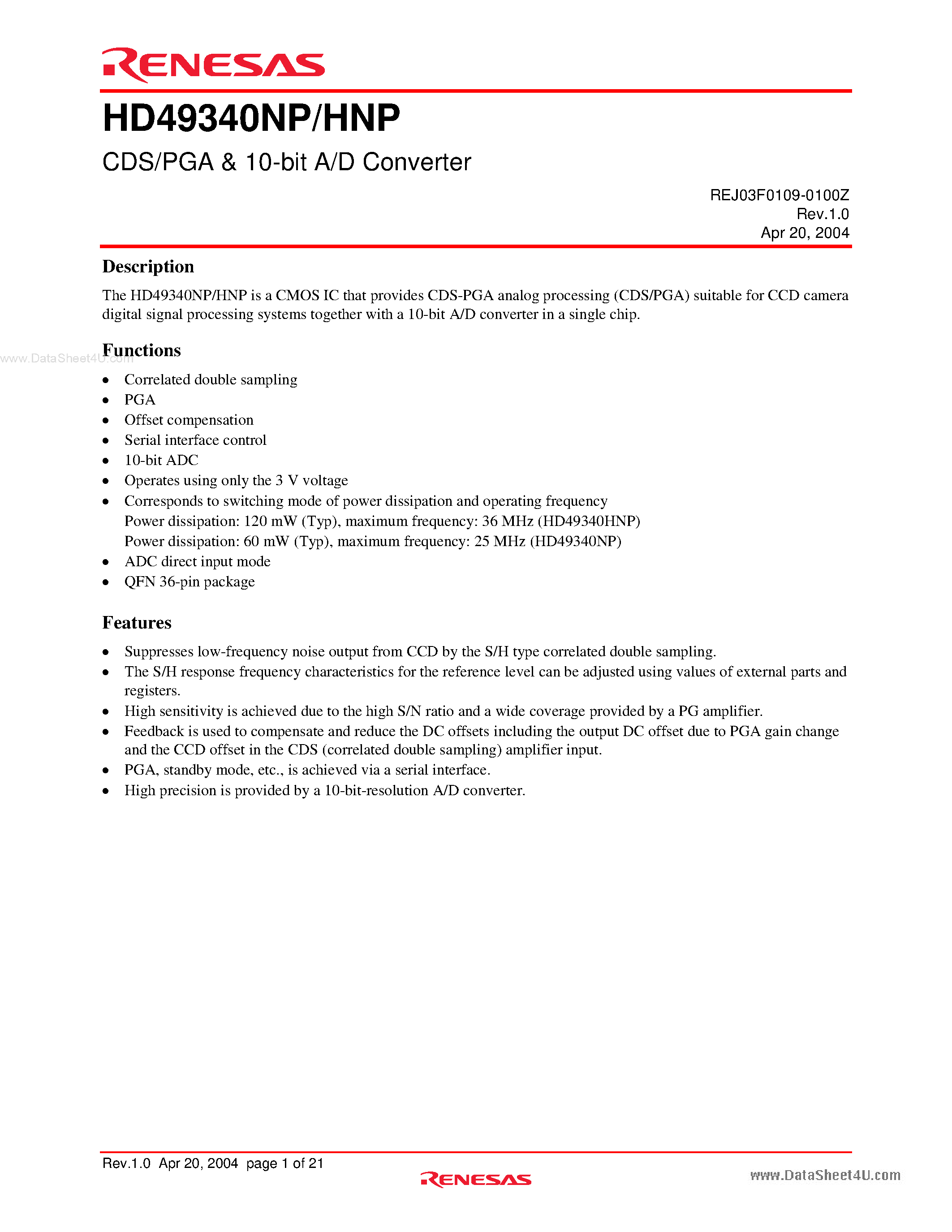 Datasheet HD49340HNP - CDS/PGA & 10-bit A/D Converter page 1
