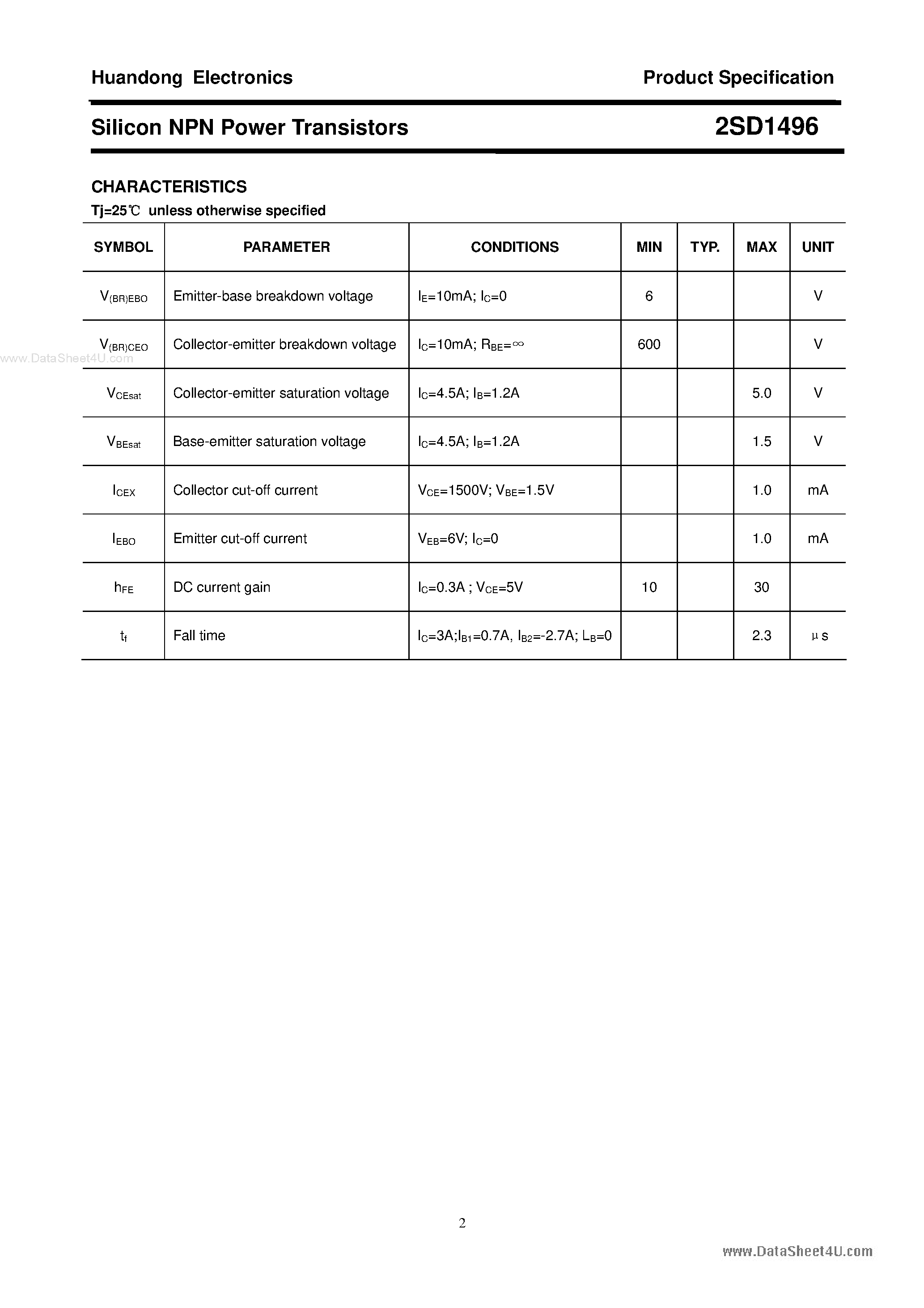 Datasheet 2SD1496 - SILICON NPN TRIPLE DIFFUSED HIGH VOLTAGE POWER SWITCHING TV HORIZONTAL DEFLECTION OUTPUT page 2