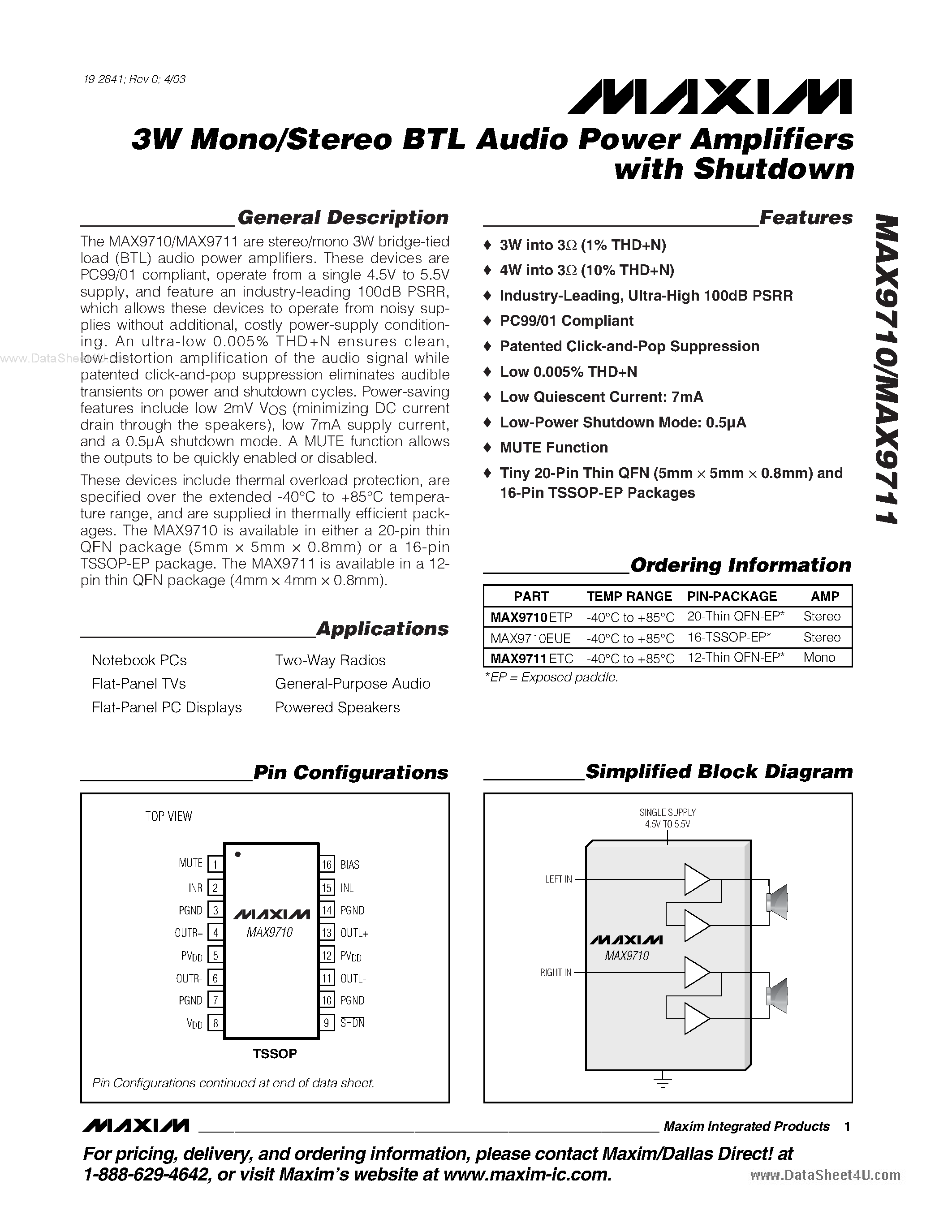 Даташит MAX9710 - (MAX9710 / MAX9711) 3W Mono/Stereo BTL Audio Power Amplifiers страница 1