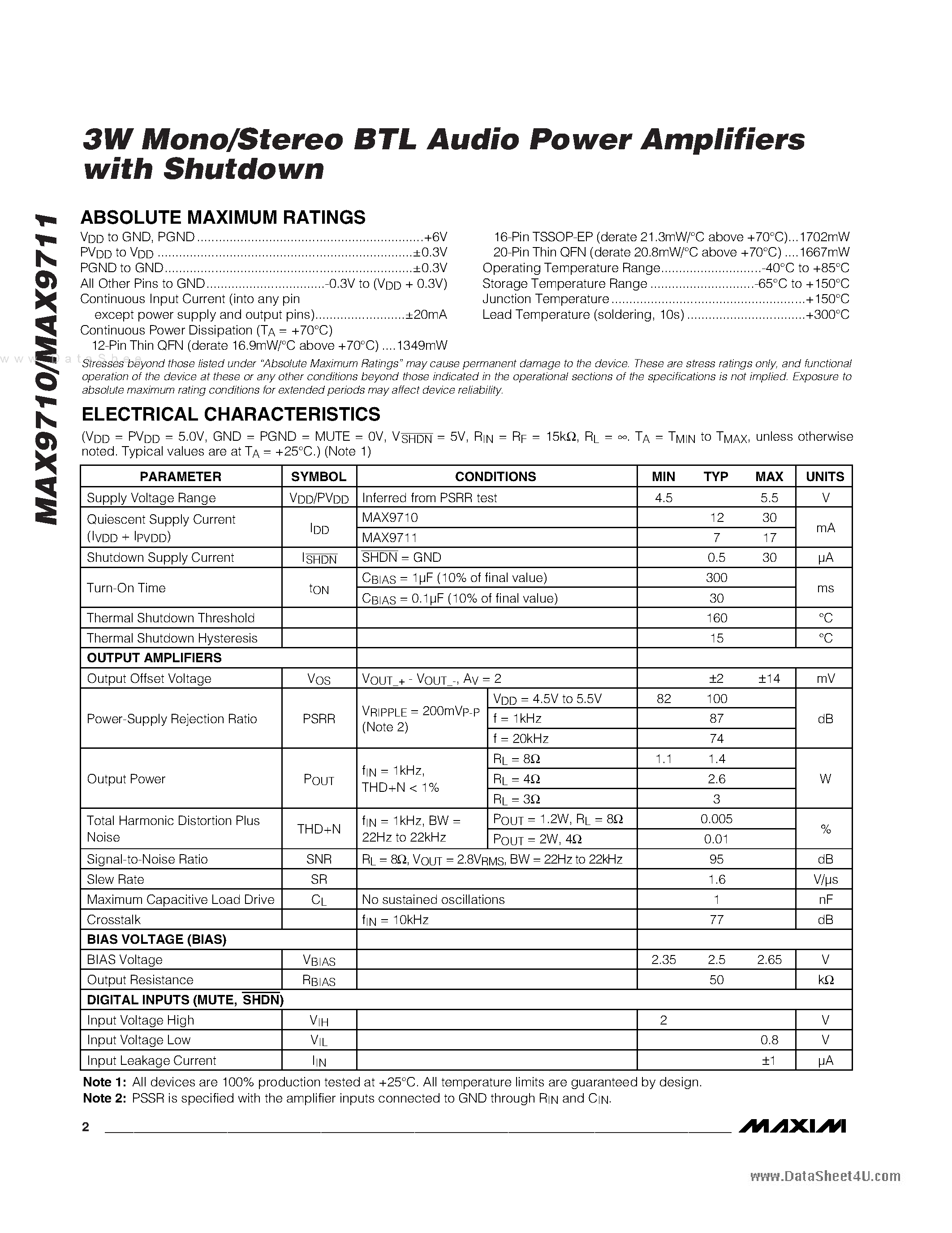 Даташит MAX9710 - (MAX9710 / MAX9711) 3W Mono/Stereo BTL Audio Power Amplifiers страница 2