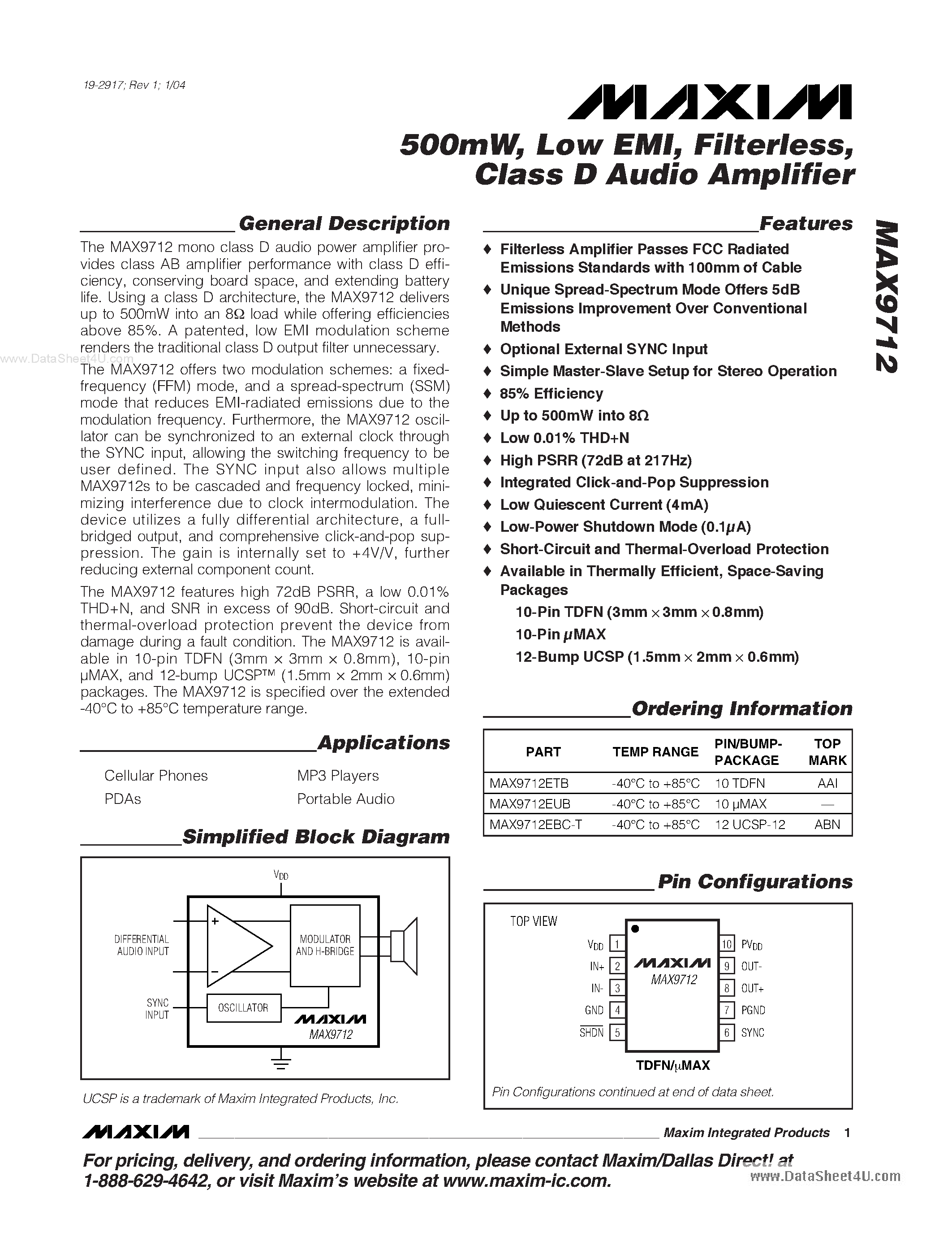 Даташит на микросхему MAX9712 страница 1 Даташит MAX9712 - Class D Audio Amplifier страница 1
