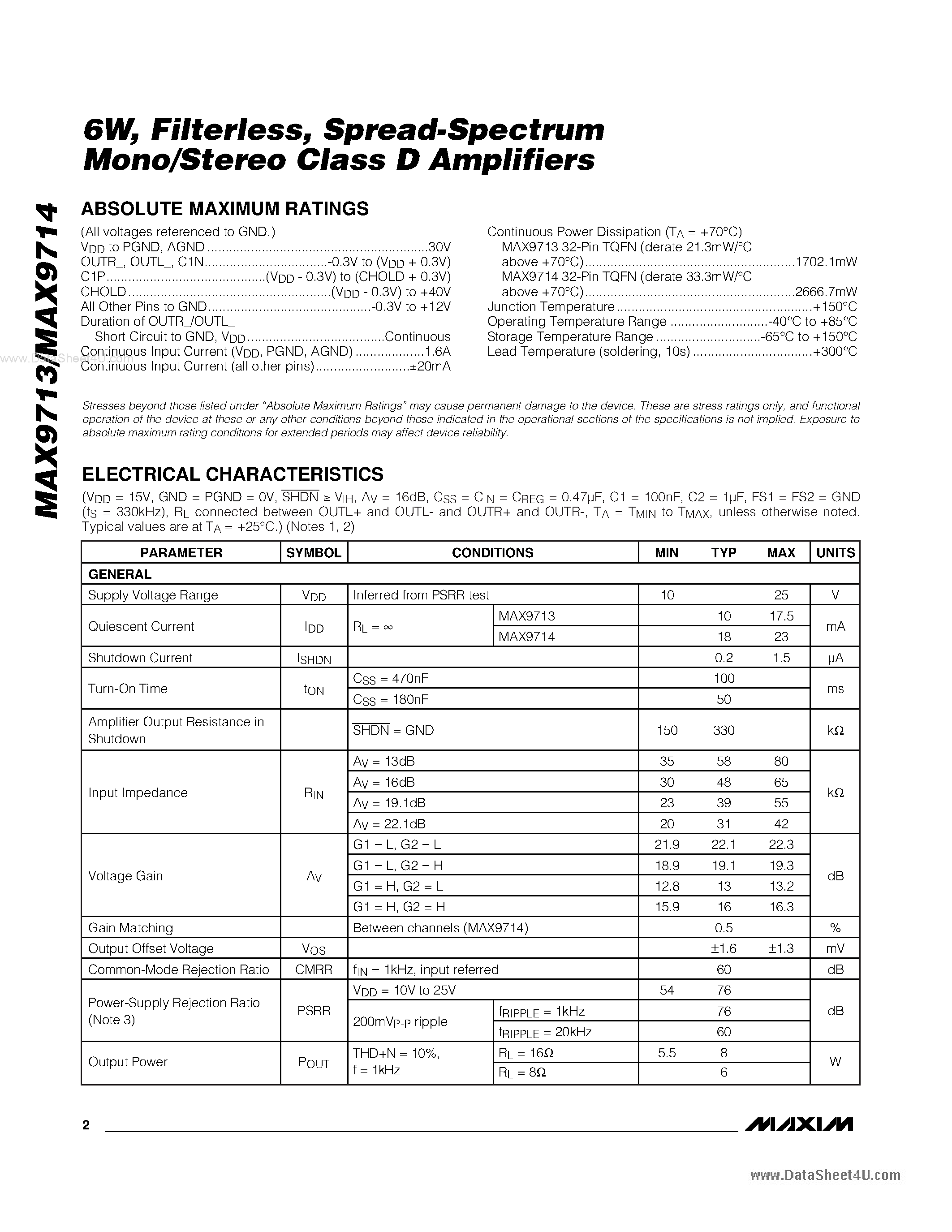 Даташит на микросхему MAX9713 страница 2 Даташит MAX9713 - (MAX9713 / MAX9714) Spread-Spectrum Mono/Stereo Class D Amplifiers страница 2