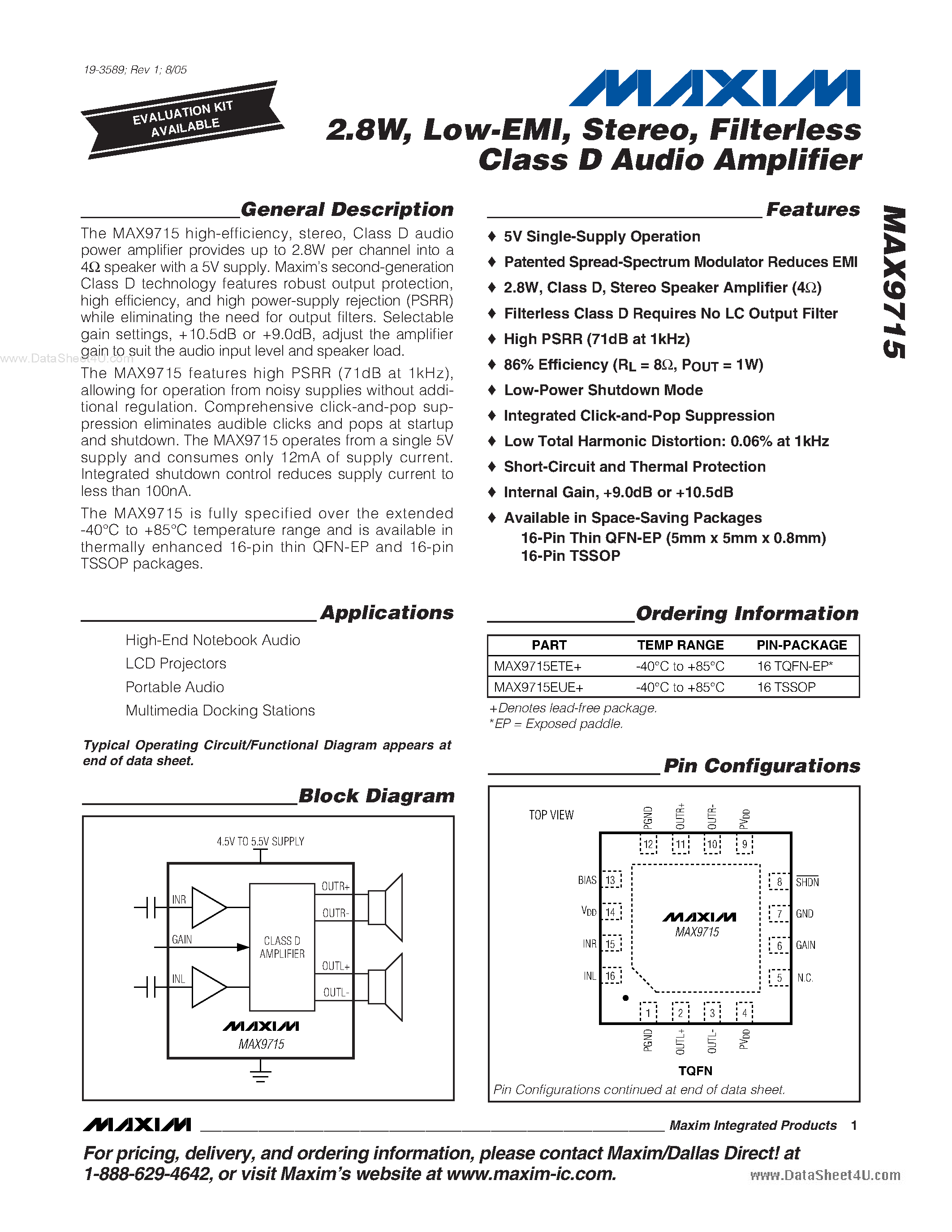 Даташит на микросхему MAX9715 страница 1 Даташит MAX9715 - Filterless Class D Audio Amplifier страница 1