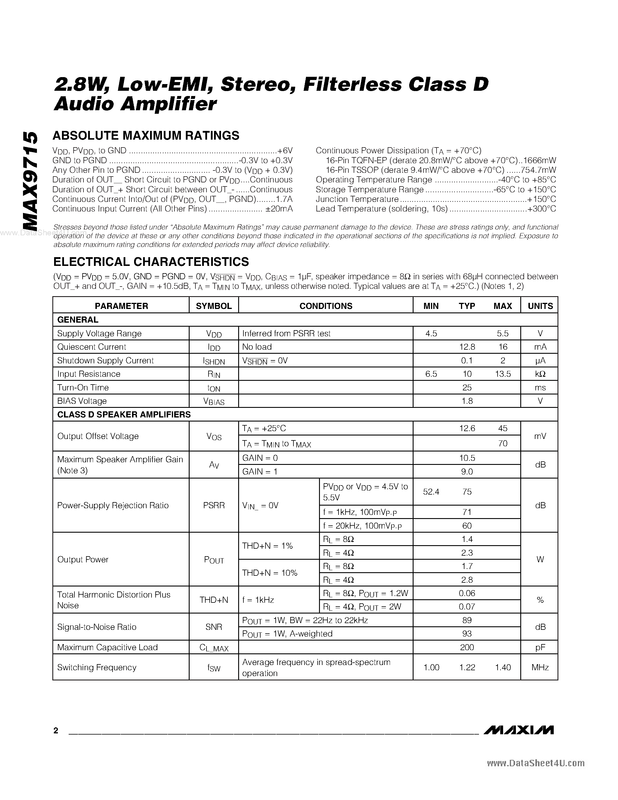 Даташит на микросхему MAX9715 страница 2 Даташит MAX9715 - Filterless Class D Audio Amplifier страница 2