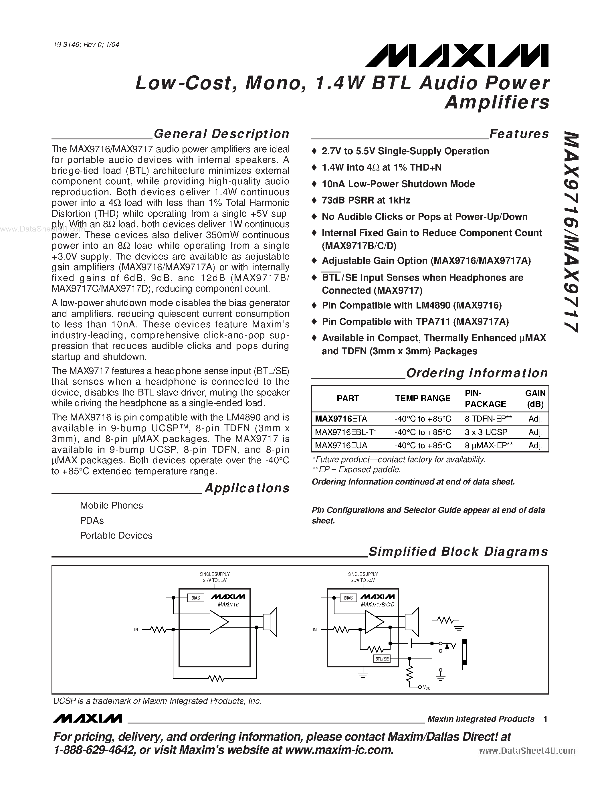 Datasheet MAX9716 - (MAX9716 / MAX9717) 1.4W BTL Audio Power Amplifiers page 1