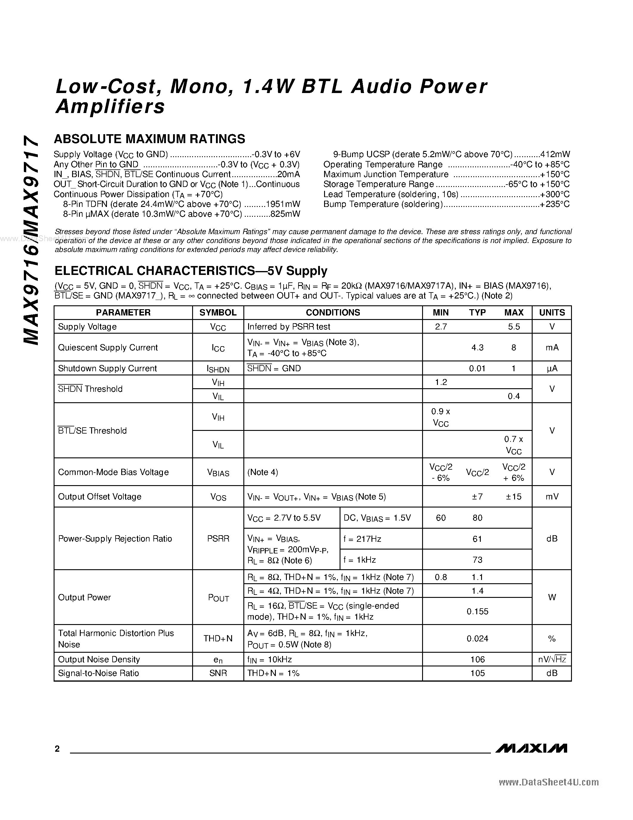 Datasheet MAX9716 - (MAX9716 / MAX9717) 1.4W BTL Audio Power Amplifiers page 2