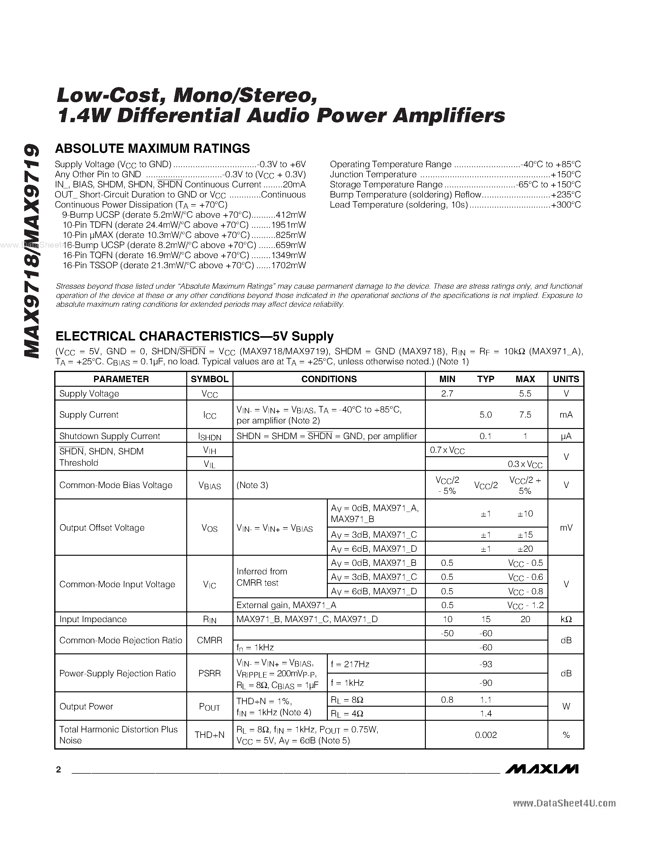 Datasheet MAX9718 - (MAX9718 / MAX9719) 1.4W Differential Audio Power Amplifiers page 2