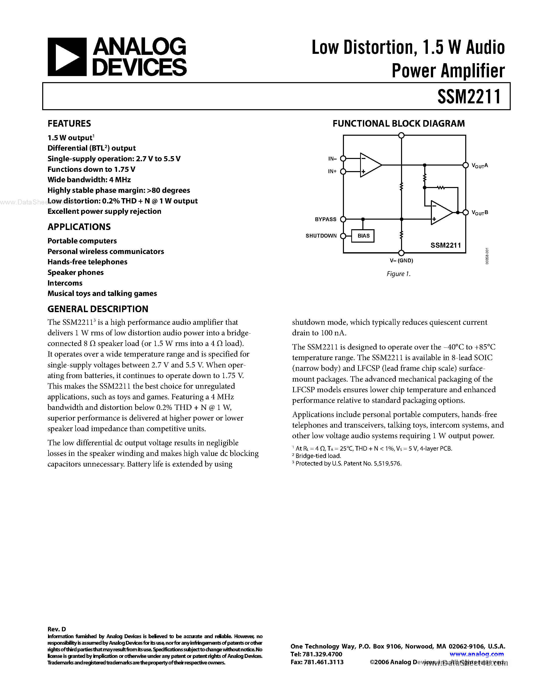 Datasheet SSM2211 - Low Distortion 1.5 Watt Audio Power Amplifier page 1
