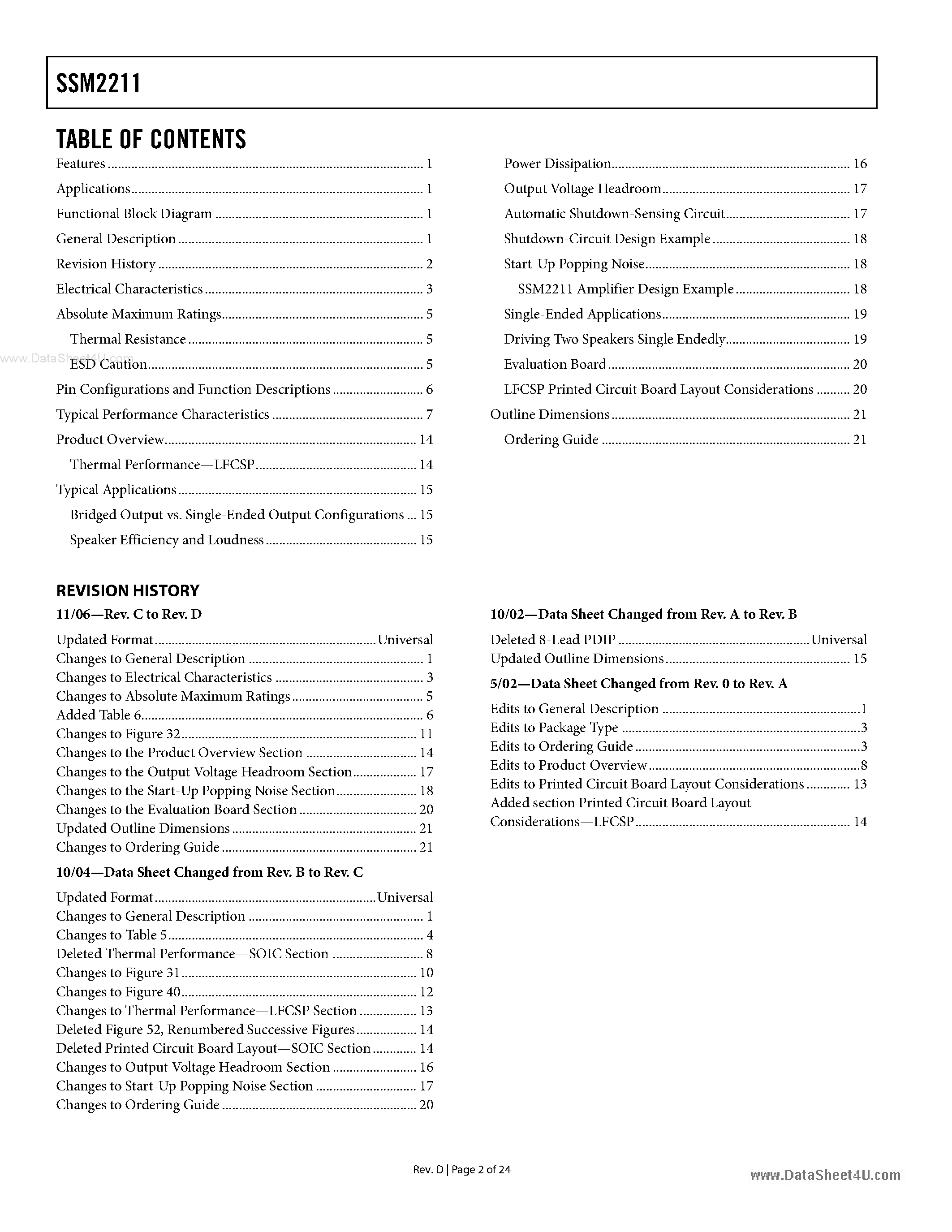 Datasheet SSM2211 - Low Distortion 1.5 Watt Audio Power Amplifier page 2