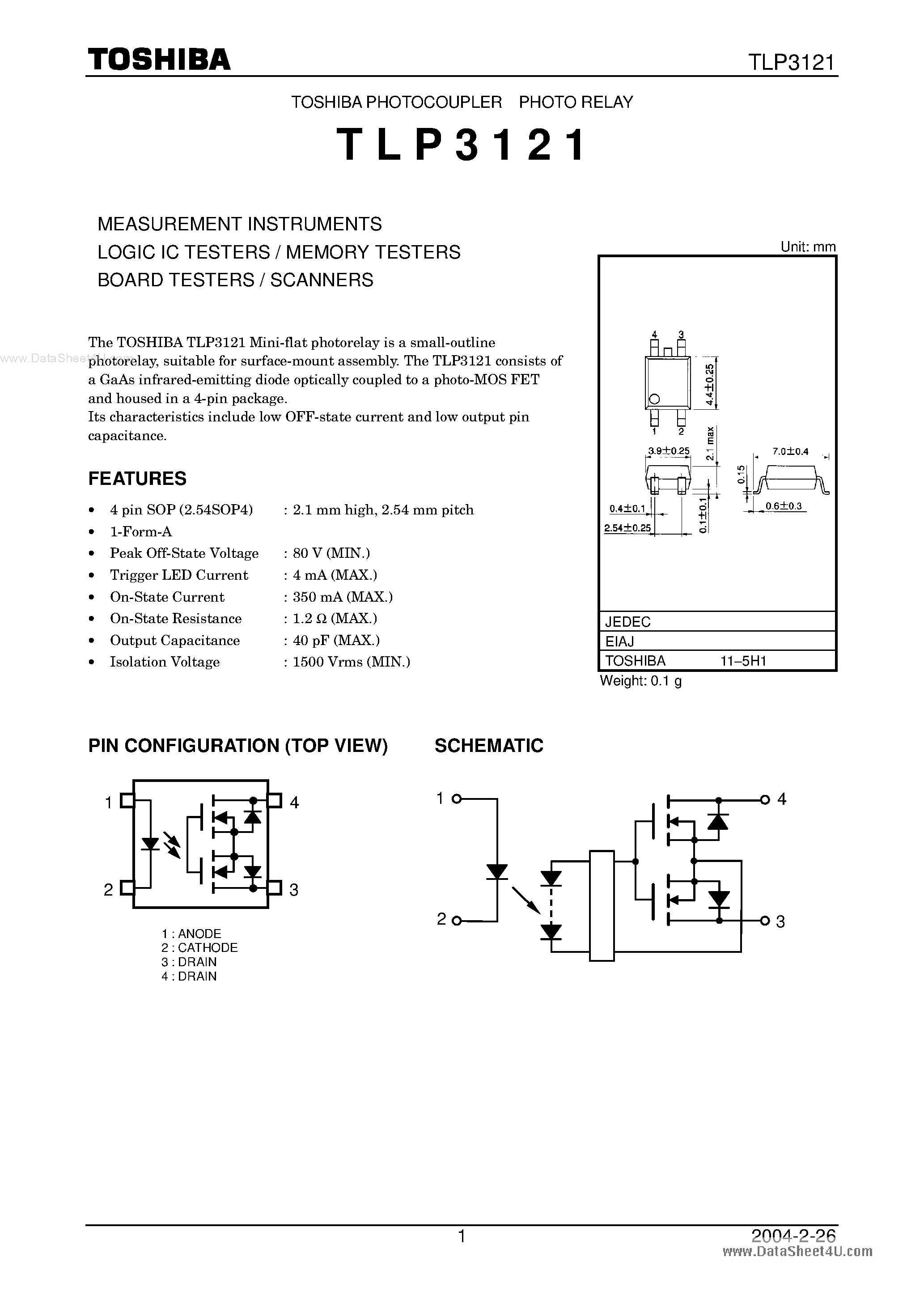 Datasheet TLP3121 - PHOTOCOUPLER PHOTO RELAY page 1