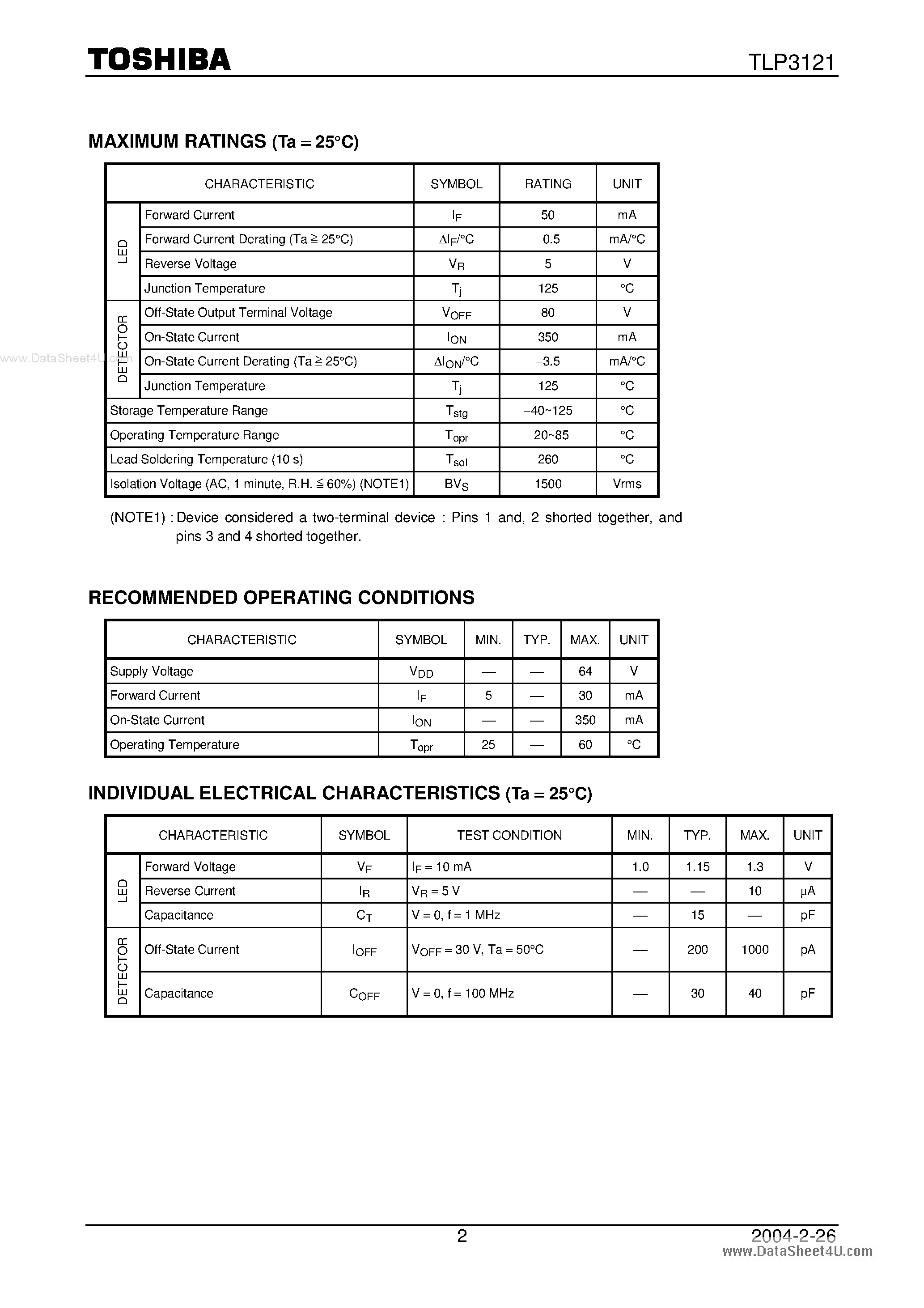 Datasheet TLP3121 - PHOTOCOUPLER PHOTO RELAY page 2