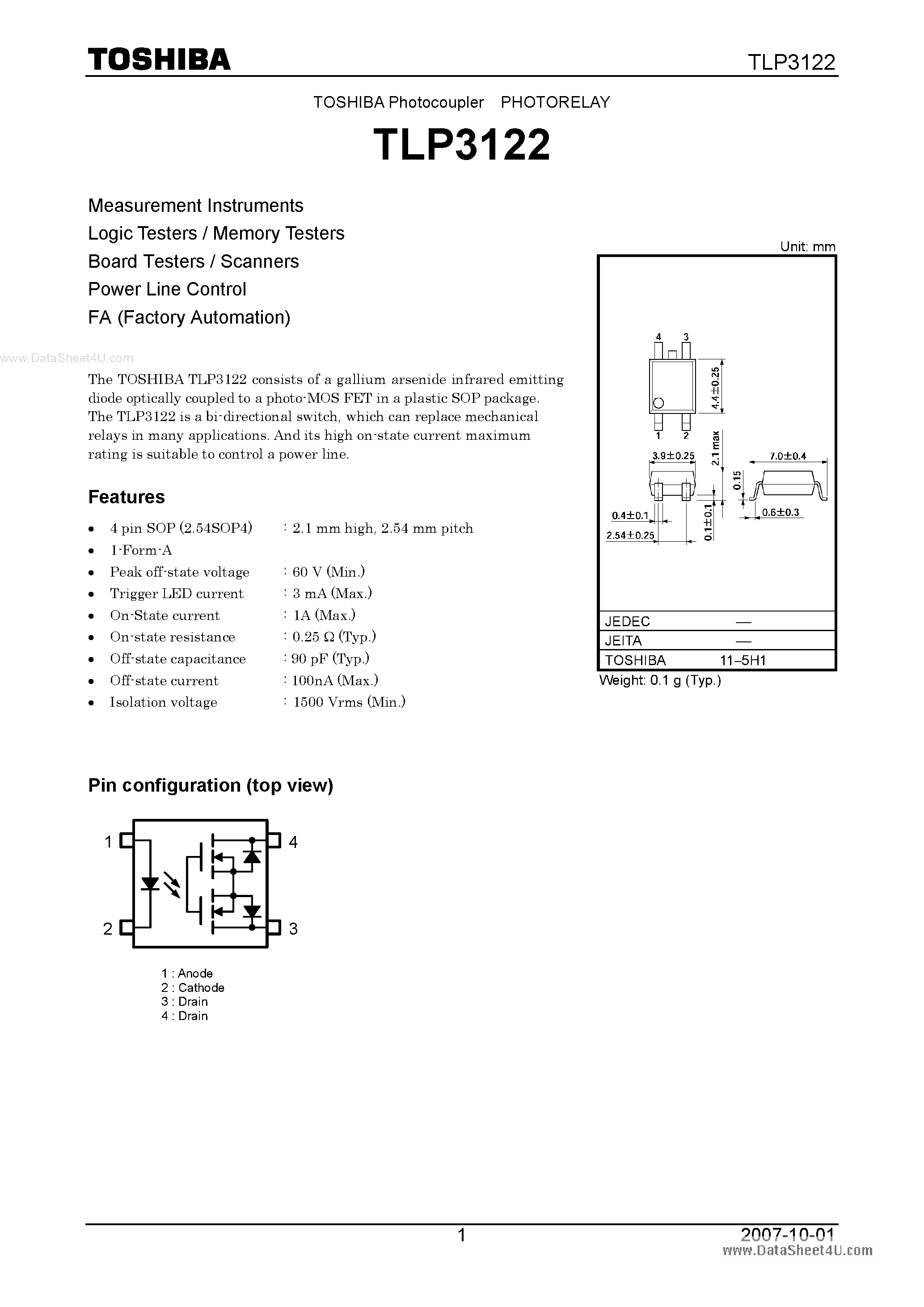 Datasheet TLP3122 - Logic Testers / Memory Testers page 1