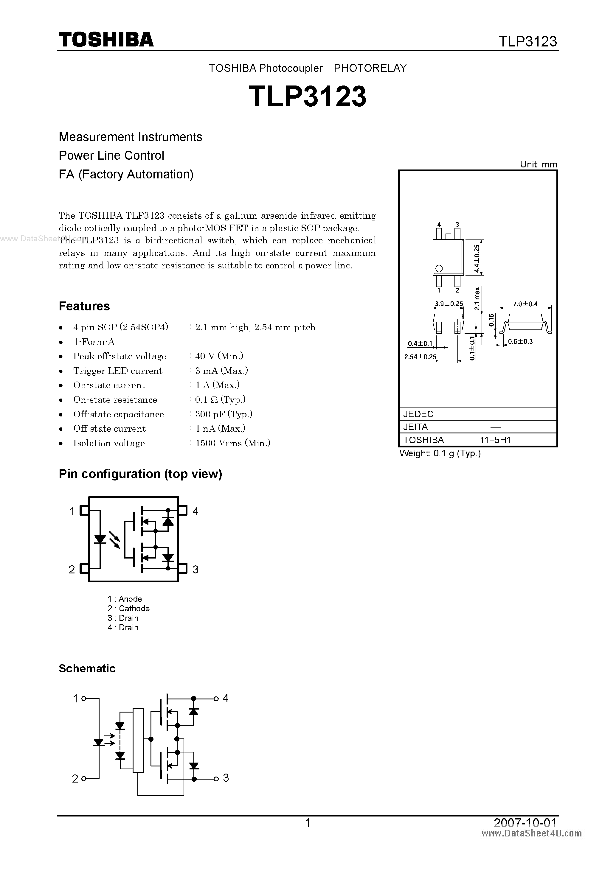 Datasheet TLP3123 page 1 Datasheet TLP3123 - Measurement Instruments Power Line Control page 1