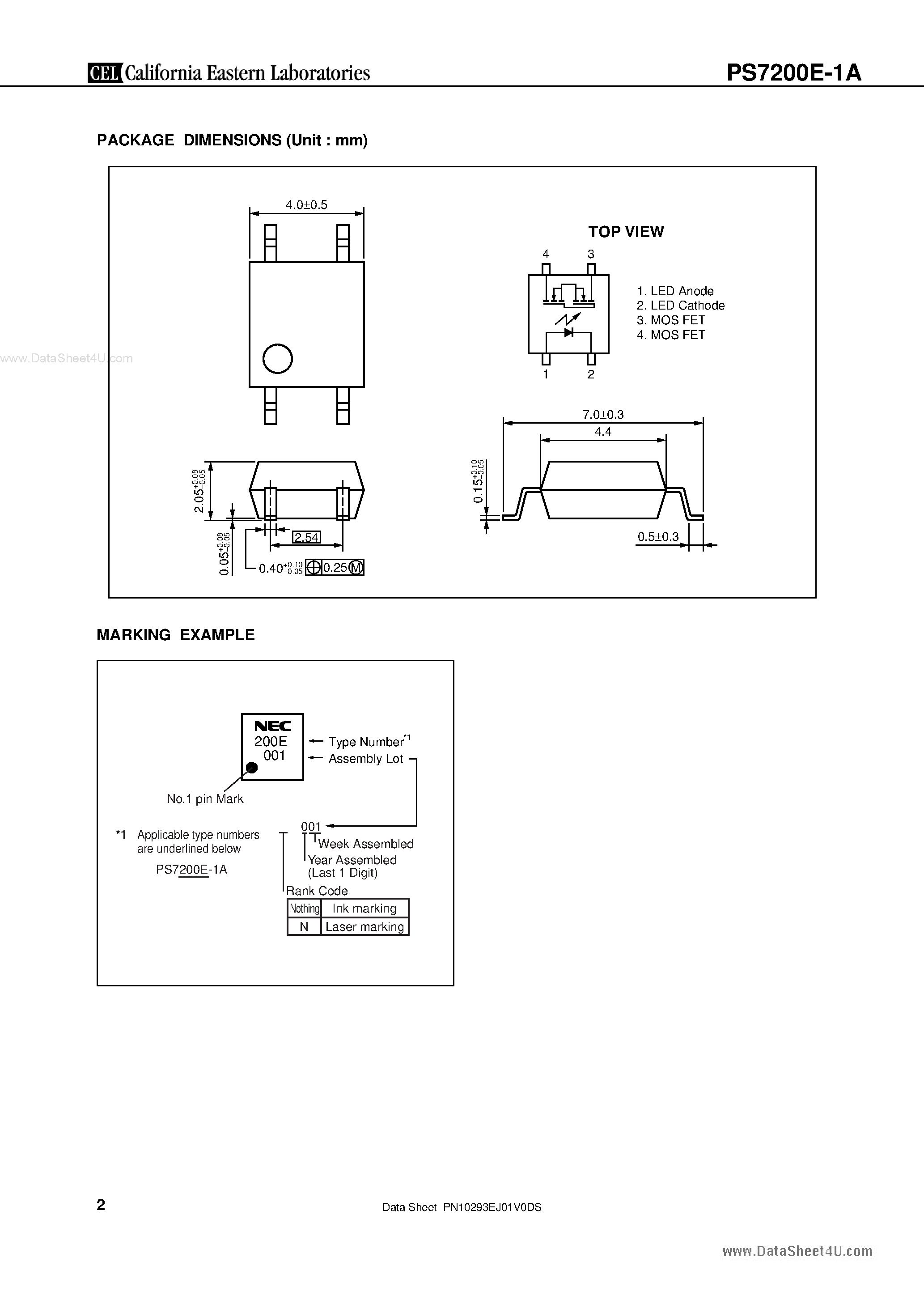 Datasheet PS7200E-1A - 0.8 ohm LOW ON-STATE RESISTANCE 1-ch Optical Coupled MOS FET page 2