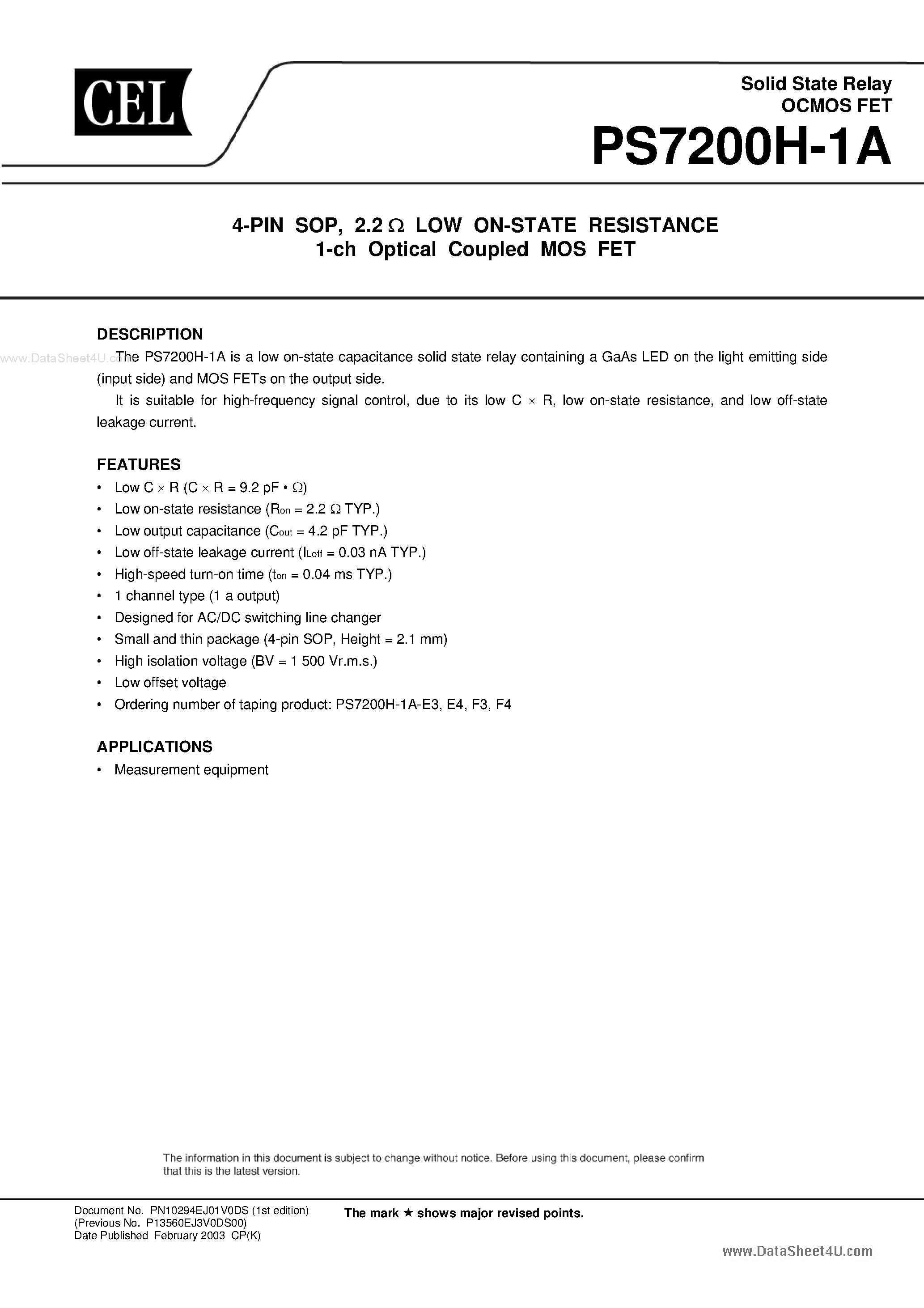 Datasheet PS7200H-1A - 2.2 ohm LOW ON-STATE RESISTANCE 1-ch Optical Coupled MOS FET page 1