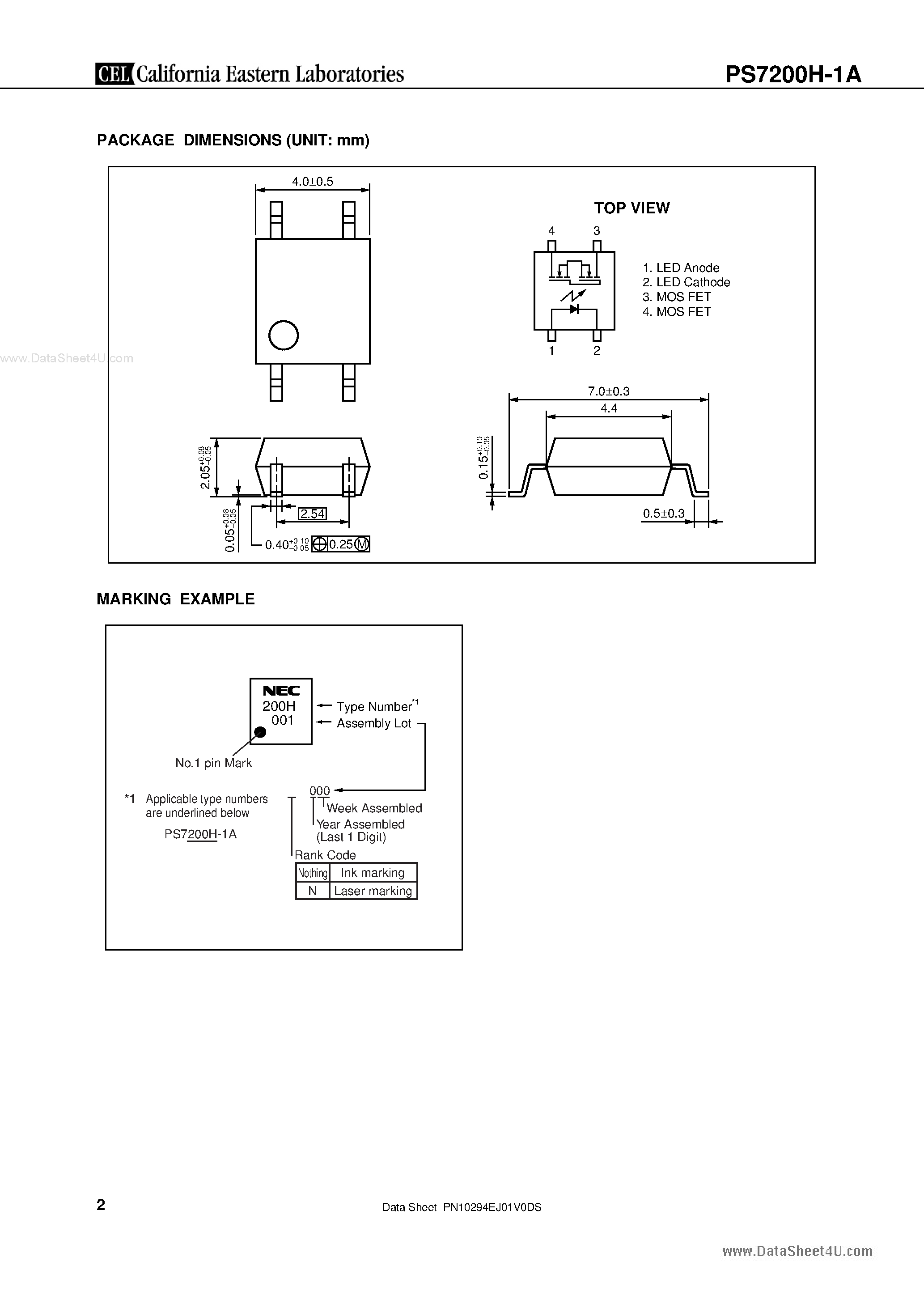 Datasheet PS7200H-1A - 2.2 ohm LOW ON-STATE RESISTANCE 1-ch Optical Coupled MOS FET page 2