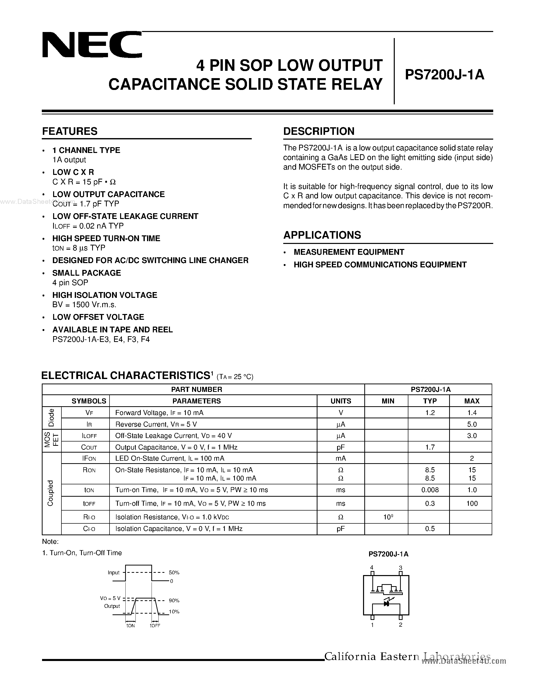 Datasheet PS7200J-1A - 4 PIN SOP LOW OUTPUT CAPACITANCE SOLID STATE RELAY page 1