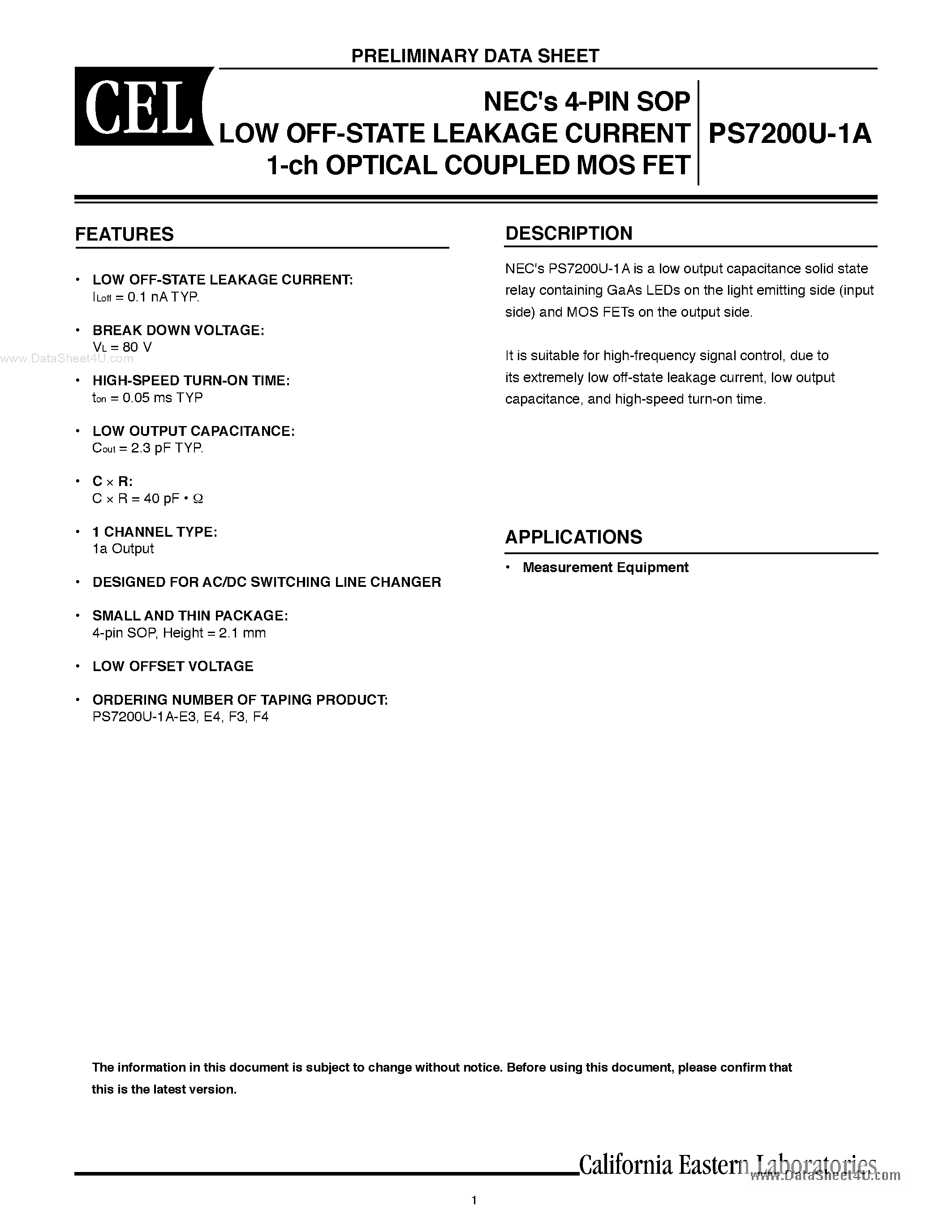 Datasheet PS7200U-1A - 4-PIN SOP LOW OFF-STATE LEAKAGE CURRENT 1-ch OPTICAL COUPLED MOS FET page 1