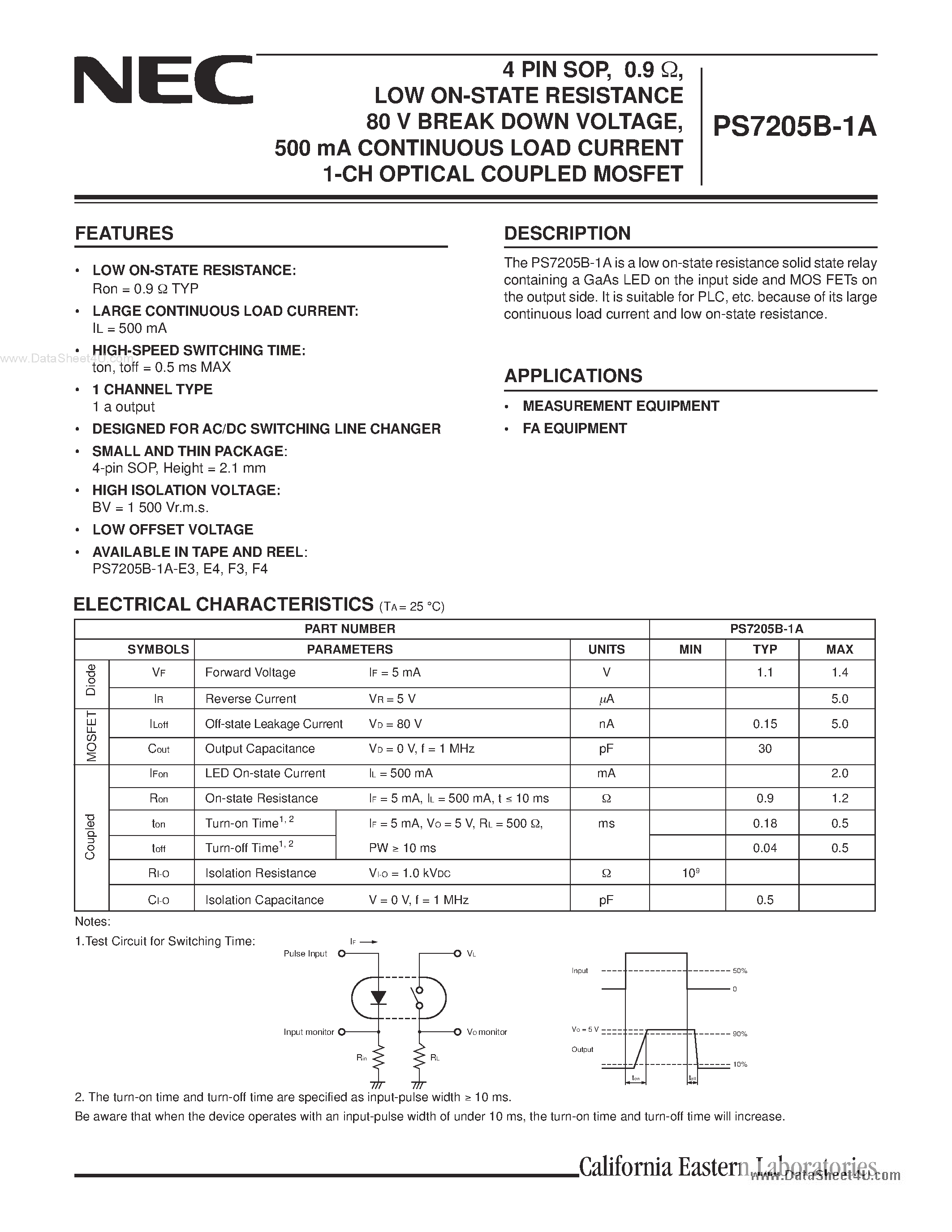 Datasheet PS7205B-1A - 500 mA CONTINUOUS LOAD CURRENT 1-CH OPTICAL COUPLED MOSFET page 1